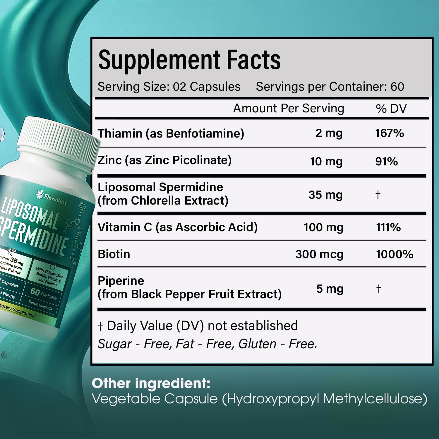 Spermidine Supplement from Chlorella with Thiamin, Zinc, Biotin, & Vitamin C | 120 Capsules | Gluten-Free for Cellular Renewal, Healthy Aging & Vitality Support | 60-Day Supply by FreshDrinkUS - Natural and Premium Herbal Tea