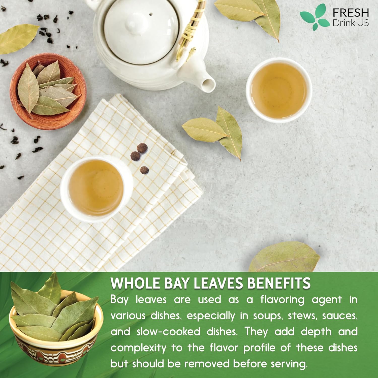 Premium Dried Bay Leaves, Tea Bags, Powder, Bay Leaves Spice, Whole Nice Leaves, Wildcrafted, Fresh Harvested, Bay Leaves For Cooking, Sugar-Free, Gluten Free, Caffeine Free, Vegan by FreshDrinkUS - Natural and Premium Herbal Tea