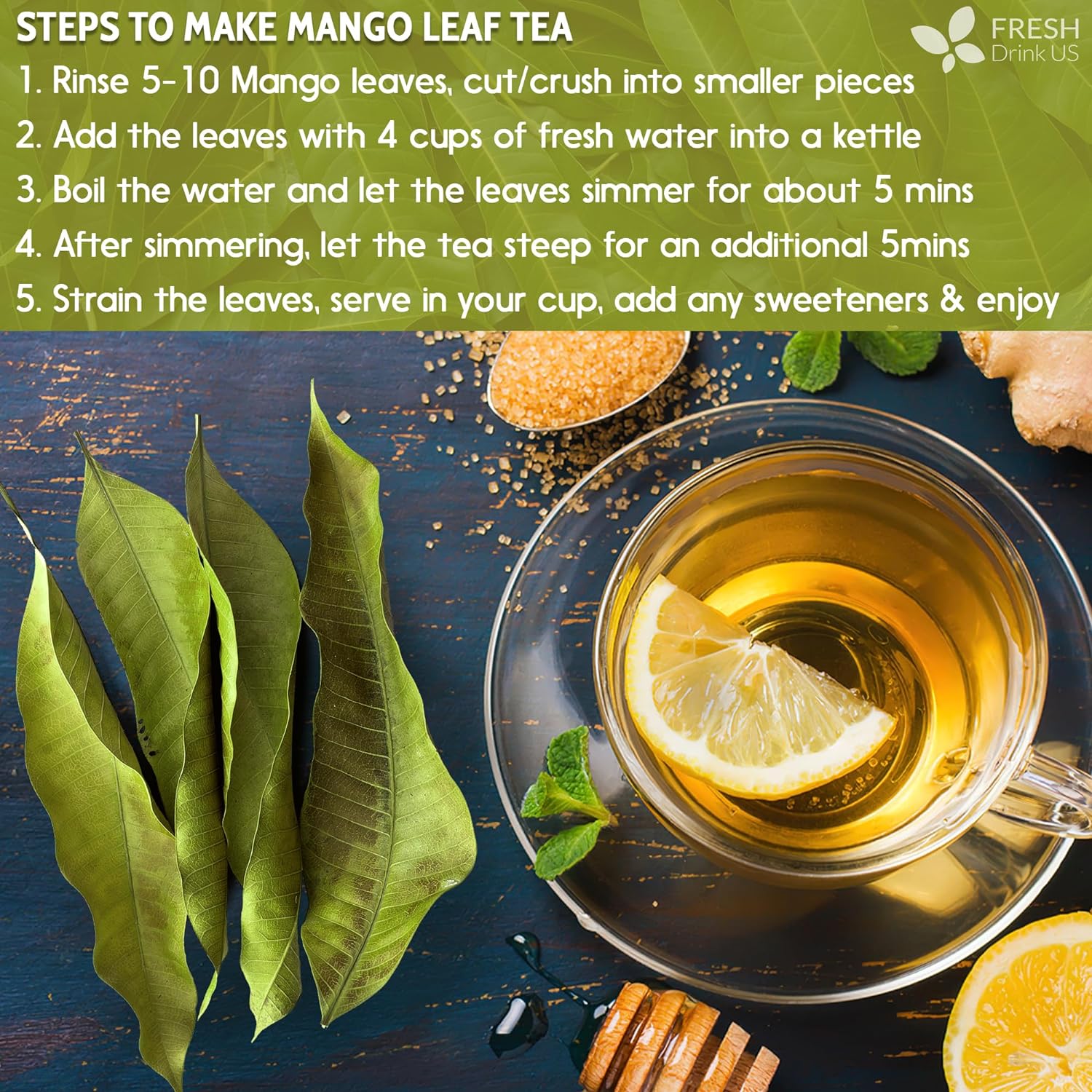 Mango Leaf, Whole Dried Leaves, Tea Bags, Powder, 100% Natural & Pure from Mango Leaves. Mango Dried Leaves. Loose Leaf Mango Herbal Tea. Mango Leaf Tea. No Sugar, No Caffeine, No Gluten, Vegan. by FreshDrinkUS - Natural and Premium Herbal Tea
