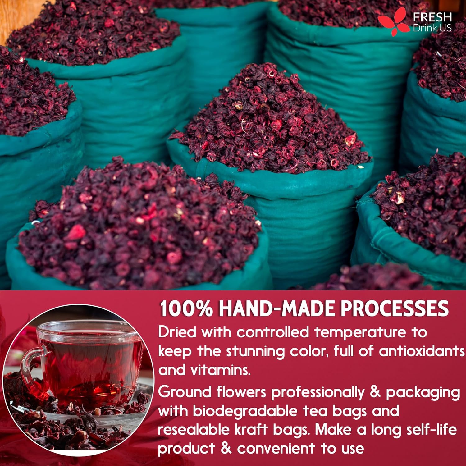Hibiscus Dried Flowers, Tea Bags, 100% Natural, Pure from Hibiscus Flowers. Loose Flower Hibiscus Herbal Tea. Hibiscus Flower Tea. No Sugar, No Caffeine, No Gluten, Vegan. by FreshDrinkUS - Natural and Premium Herbal Tea