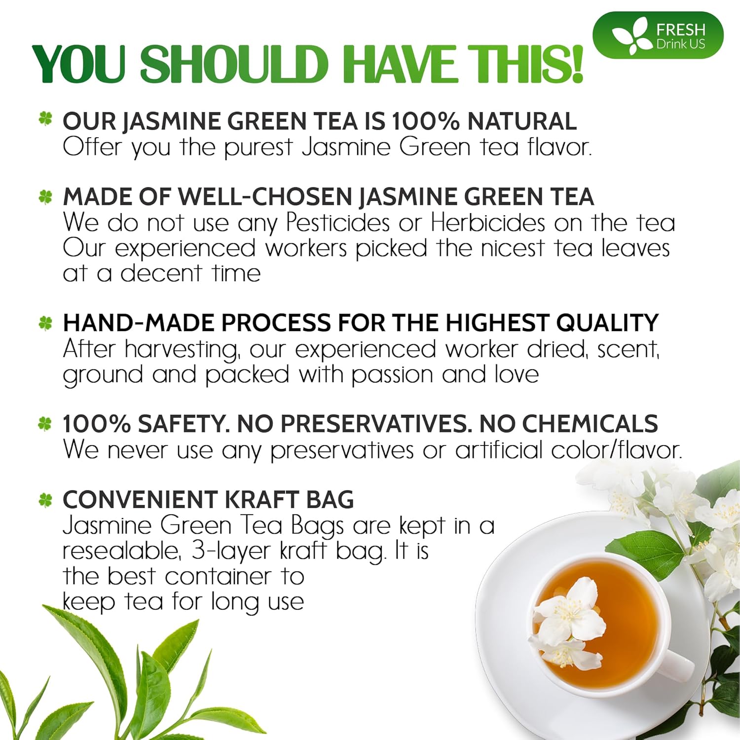 Premium Jasmine Green Tea Bags. Jasmine Green Herbal Tea. Made with Natural Material Tea Bags. No Sugar, No Gluten, Vegan. by FreshDrinkUS - Natural and Premium Herbal Tea