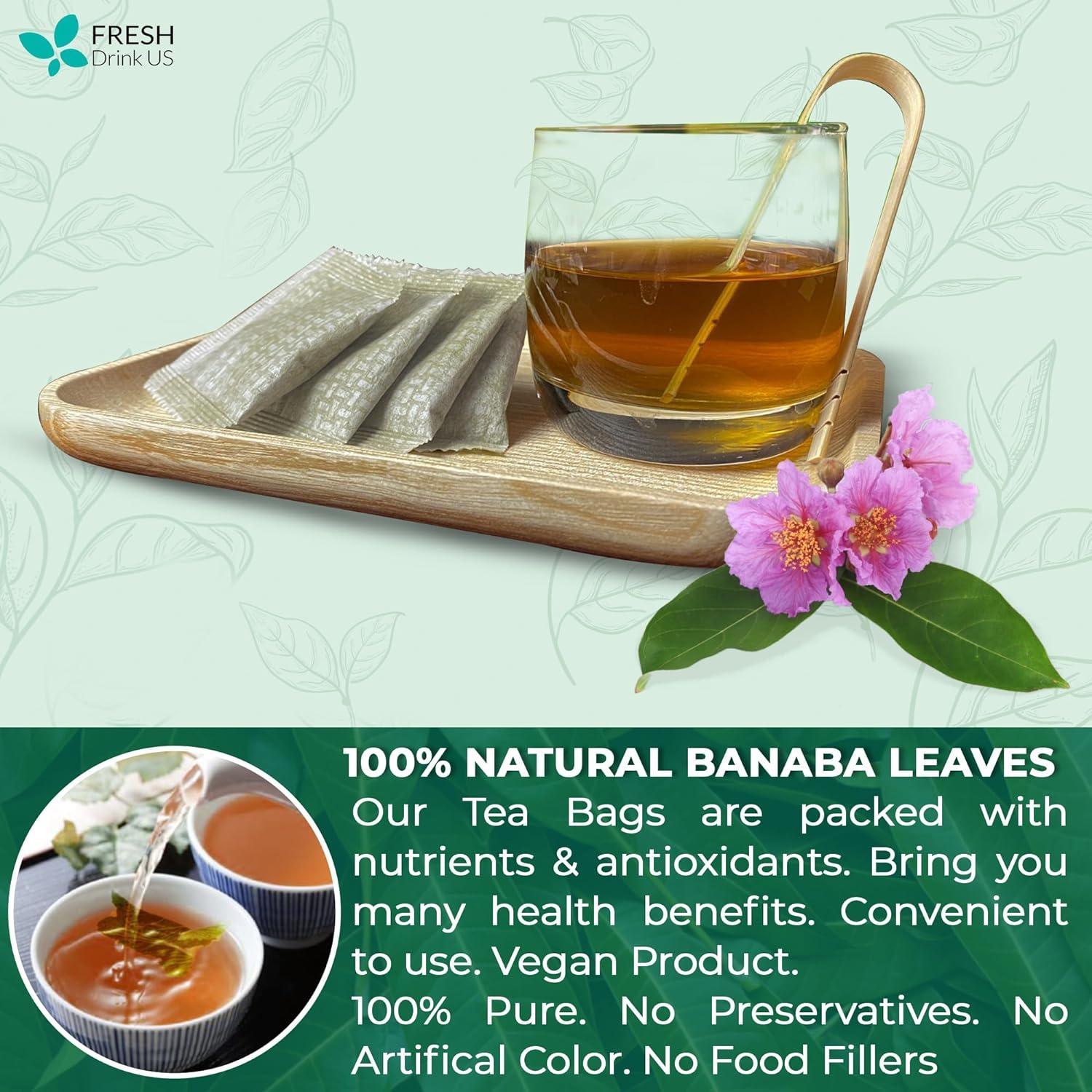 Natural Banaba Dried Leaves, Tea Bags, Powder, Whole Banaba Leaves, 100% Pure Dried Banaba Leaves, Banaba Leaf Tea, No Additives, No Caffeine, Vegan by FreshDrinkUS - Natural and Premium Herbal Tea