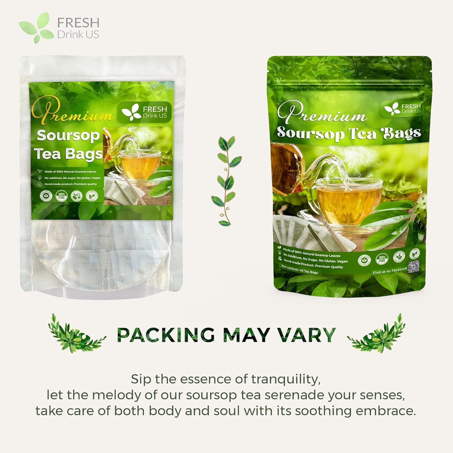 40 Premium Soursop Graviola Leaf Tea Bags, 100% Natural and Pure from Soursop Leaves, Handmade, Made With Natural Materials-Corn Fiber Tea Bag, Sugar/Caffeine/Gluten Free, Hoja Guanabana Tea by FreshDrinkUS - Natural and Premium Herbal Tea