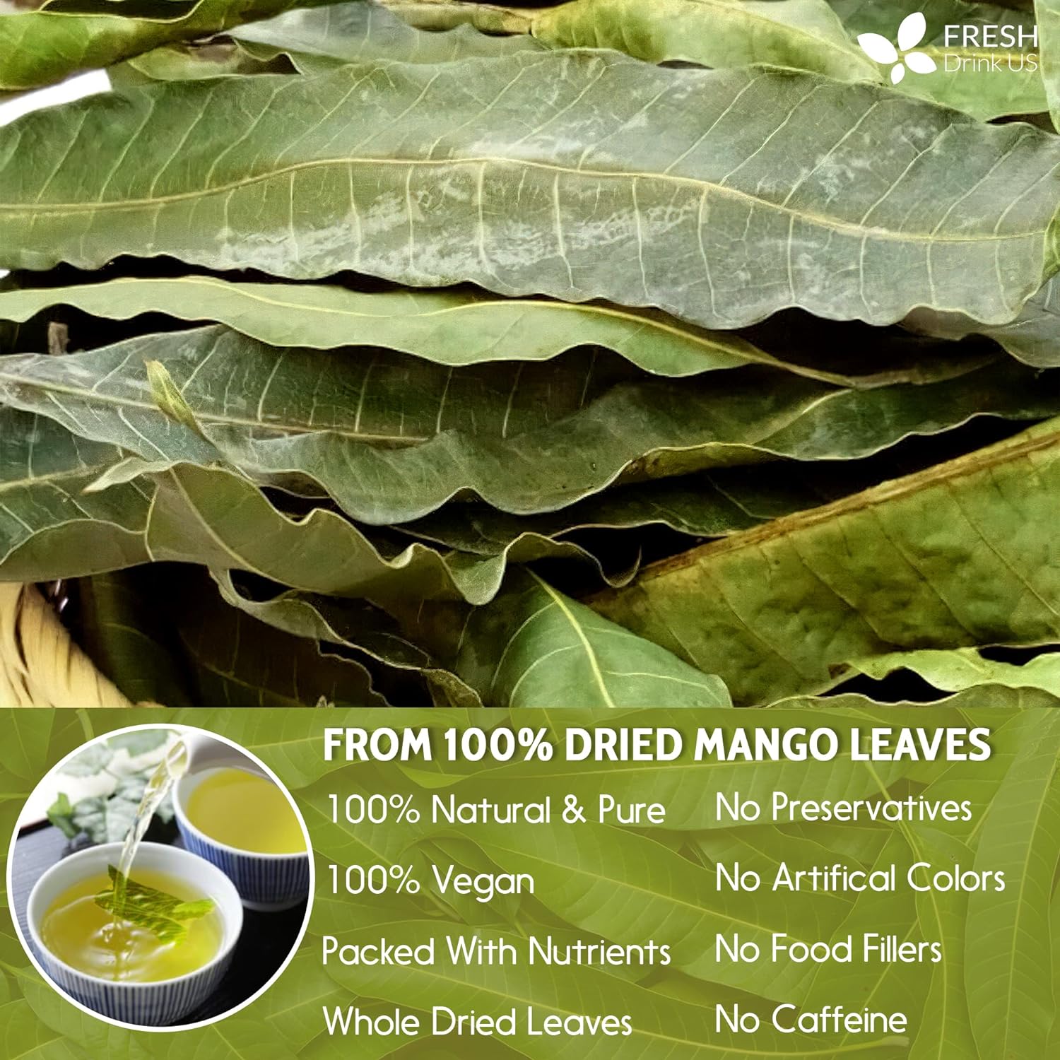 Mango Leaf, Whole Dried Leaves, Tea Bags, Powder, 100% Natural & Pure from Mango Leaves. Mango Dried Leaves. Loose Leaf Mango Herbal Tea. Mango Leaf Tea. No Sugar, No Caffeine, No Gluten, Vegan. by FreshDrinkUS - Natural and Premium Herbal Tea