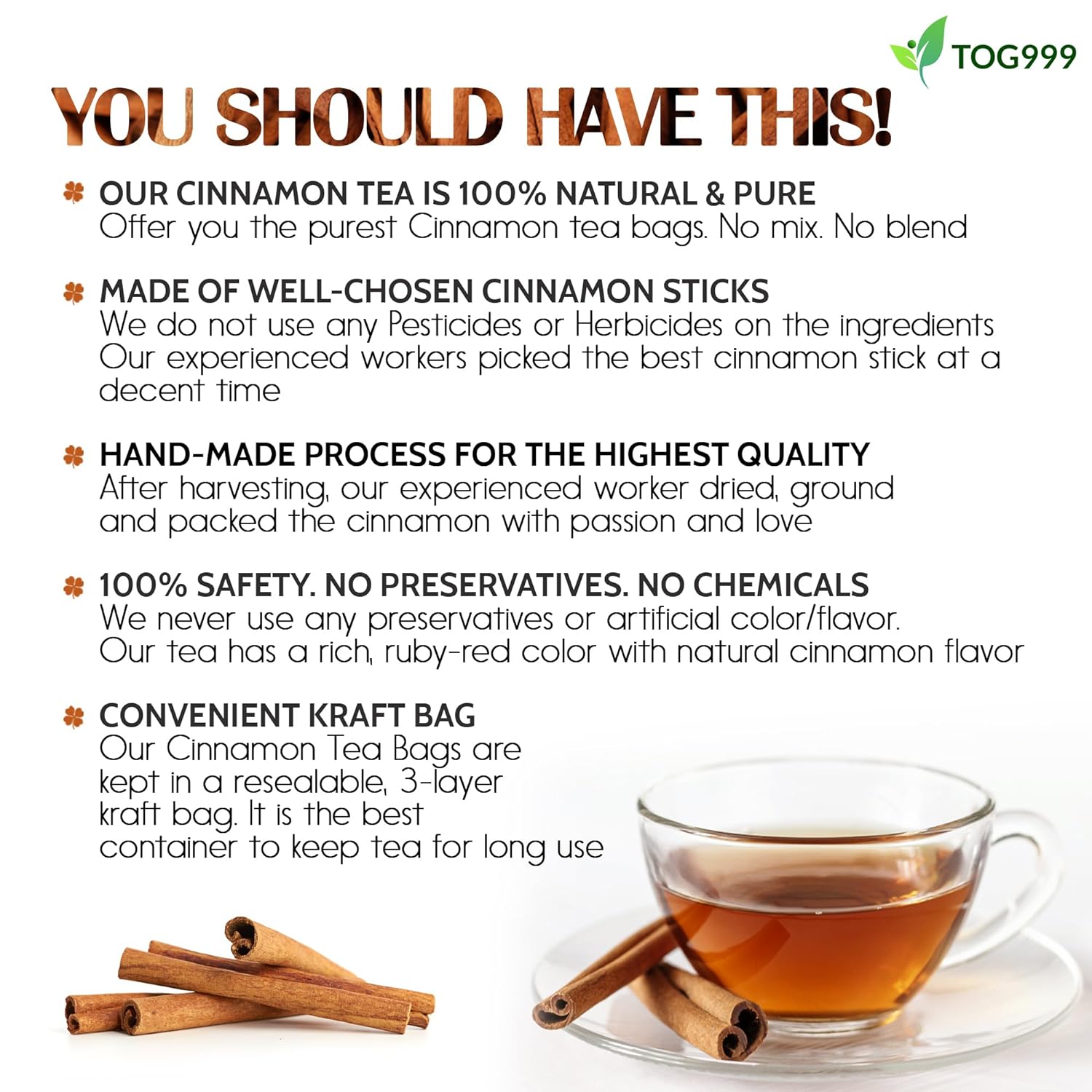 Pure Cinnamon Tea, 100% Natural & Pure Cinnamon. Cinnamon Herbal Tea. Cinnamon Stick Herbal Spice Tea. No Sugar, No Caffeine, No Gluten, Vegan. by FreshDrinkUS - Natural and Premium Herbal Tea