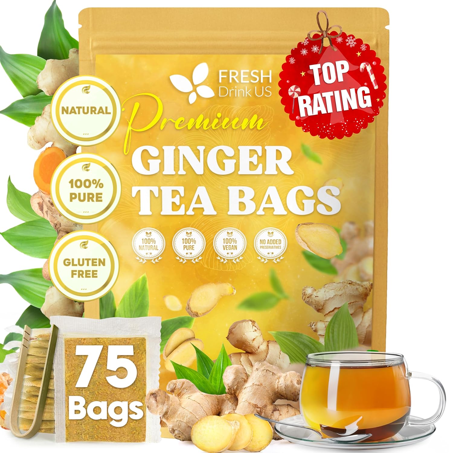 Premium Ginger Tea Bags, 100% Natural & Pure from Ginger Roots, Ginger Tea, Ginger Herbal Tea. Ginger Tea. No Sugar, No Caffeine, No Gluten, Vegan. by FreshDrinkUS - Natural and Premium Herbal Tea
