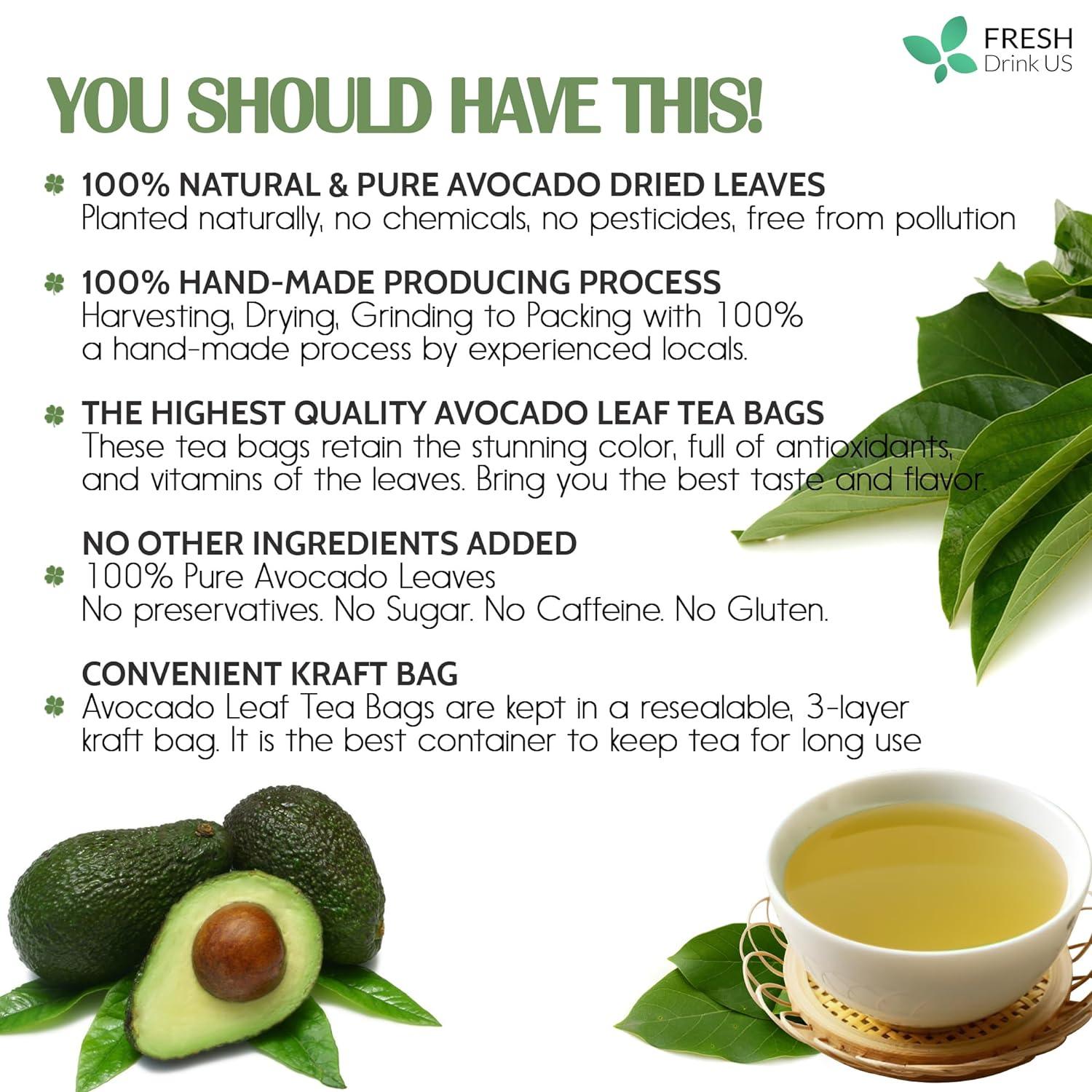 Natural Avocado Whole Leaves Dried, Tea Bags, 100% Pure from Avocado Leaves, Avocado Leaf Tea, Hojas de Aguacate Seca, No Additives, No Caffeine, Vegan by FreshDrinkUS - Natural and Premium Herbal Tea