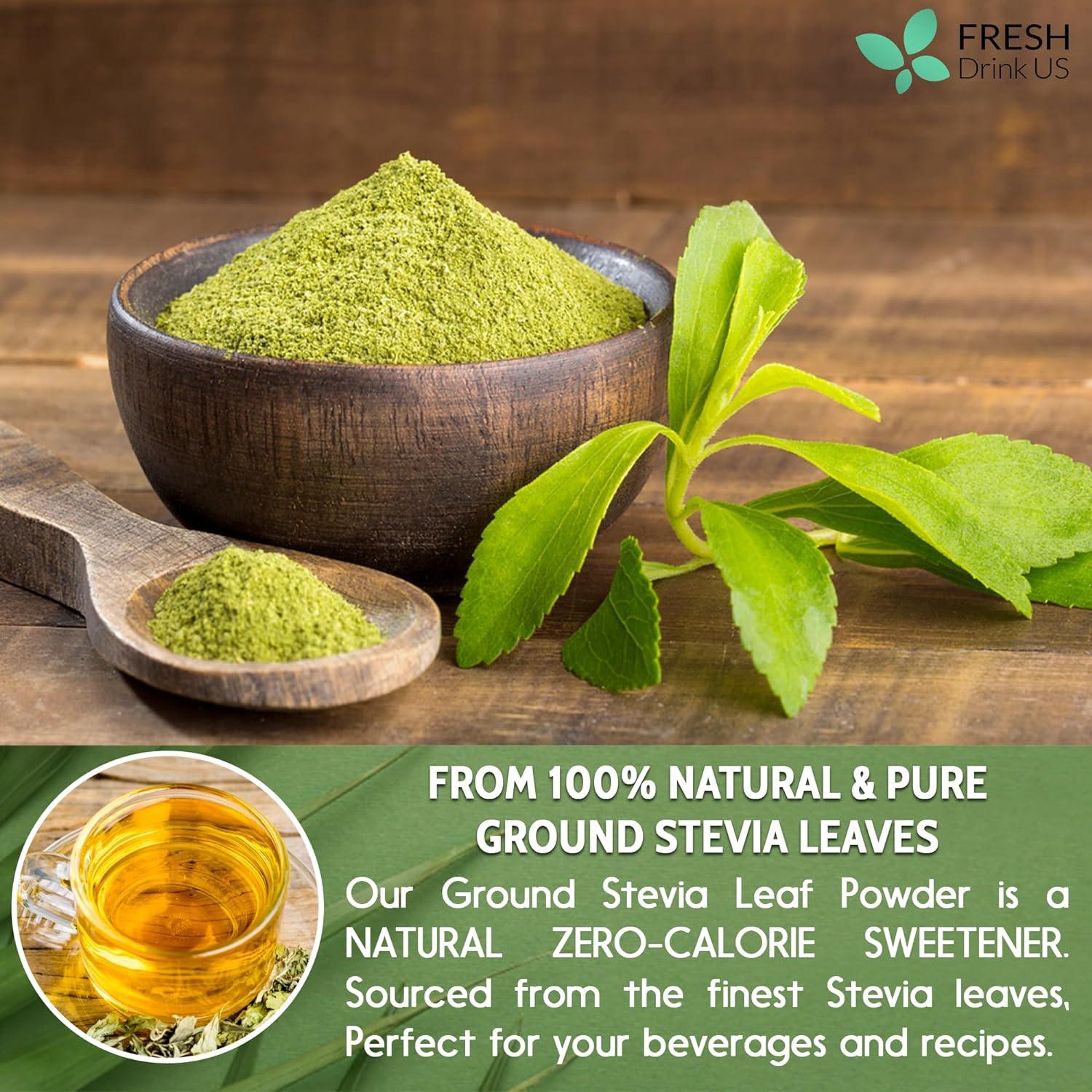 Stevia Leaf, Whole Dried Leaves, Tea Bags, Powder, 100% Natural and Pure from Stevia Leaves. Sugar Substitute for Tea, Coffee. Loose Leaf Stevia Herbal Tea. Zero Calorie Sweetener. No Sugar, No Caffeine, No Gluten, Vegan. by FreshDrinkUS - Natural and Premium Herbal Tea