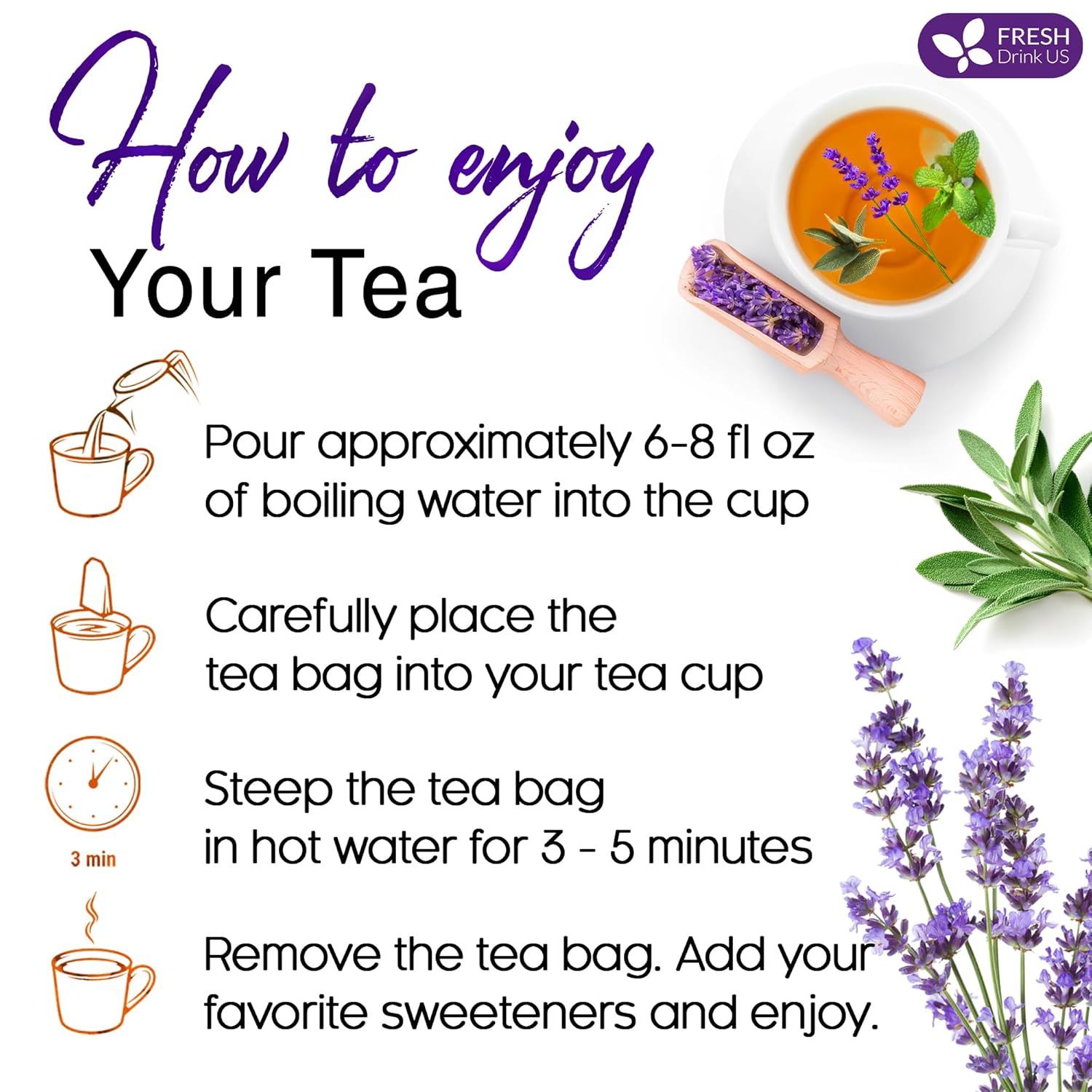 Premium Lavender Mint Tea Bags. 100% Natural, Blend of Lavender, Peppermint, Sage and Licorice. by FreshDrinkUS - Natural and Premium Herbal Tea