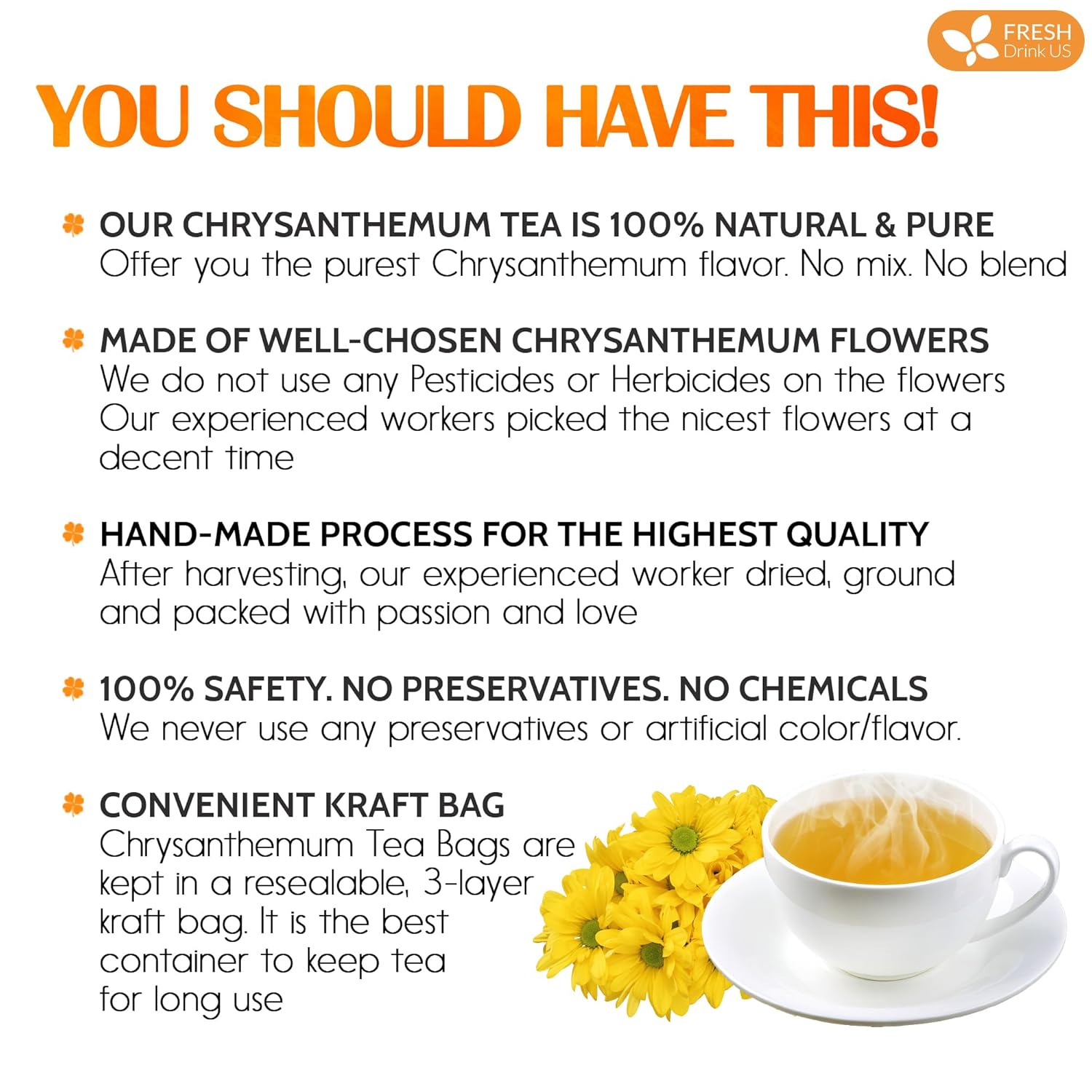 Premium 75 Chrysanthemum Flower Tea Bags by FreshDrinkUS - Natural and Premium Herbal Tea