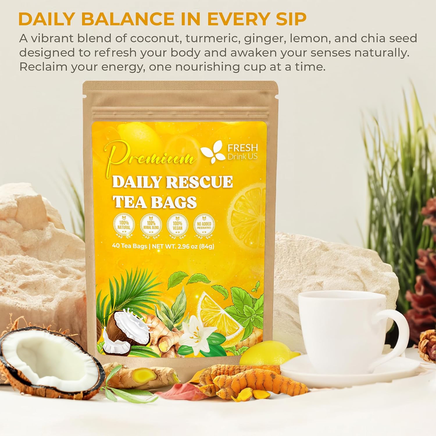 Premium Daily Rescue Lemon Ginger Tea Bags by FreshDrinkUS - Natural and Premium Herbal Tea