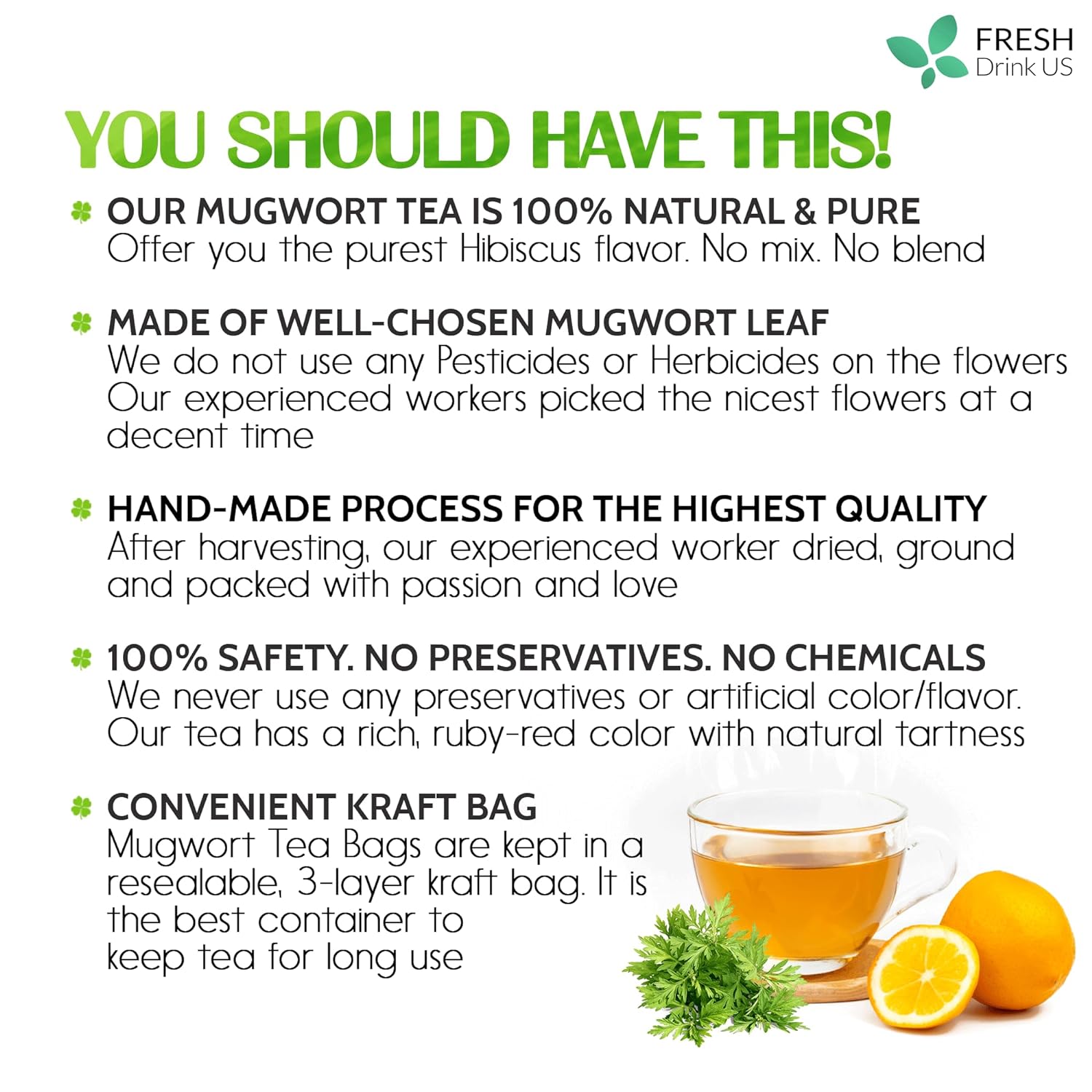 Mugwort Leaf Tea Bags, 100% Natural and Pure Mugwort Leaves, Loose Leaf Mugwort Herbal Tea, Mugwort Leaf Tea, No Sugar, No Caffeine, No Gluten, Vegan. by FreshDrinkUS - Natural and Premium Herbal Tea