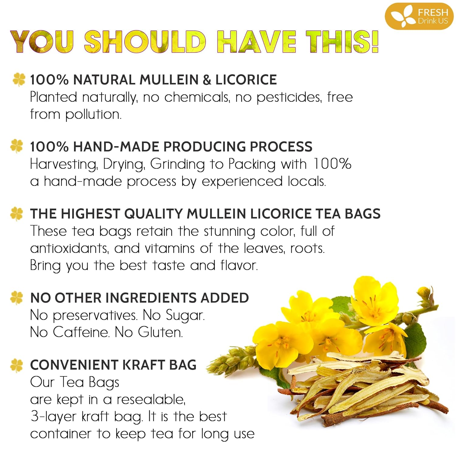 Premium Mullein Licorice Tea Bags. 100% Natural, Blend of Mullein Leaves, and Licorice Root. by FreshDrinkUS - Natural and Premium Herbal Tea