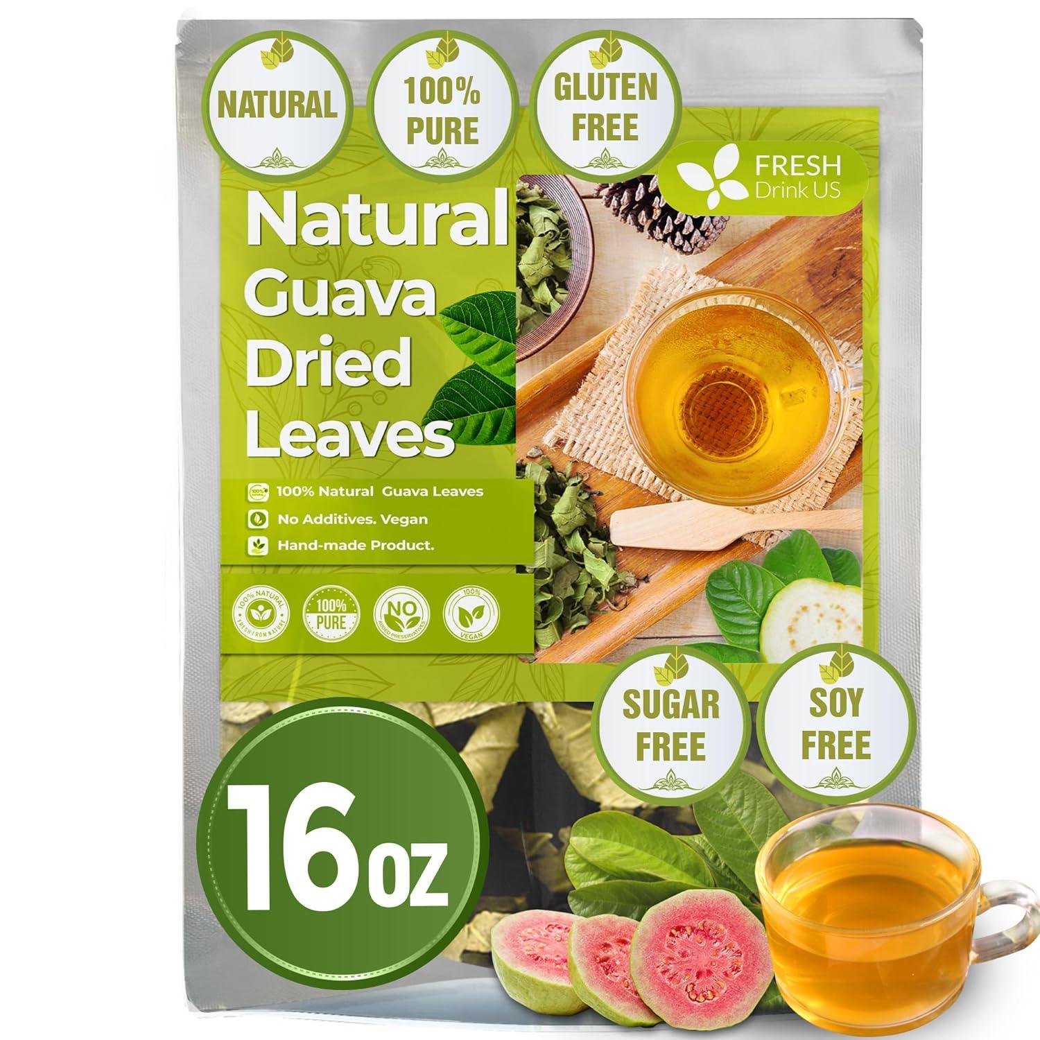Natural Guava Leaves, Whole Dried Leaves, Cut-and-Sifted Guava leaves, 100% Pure from Guava Leaves, Natural Guava Loose Leaf Herbal Tea, No Additives, No Caffeine, Vegan by FreshDrinkUS - Natural and Premium Herbal Tea