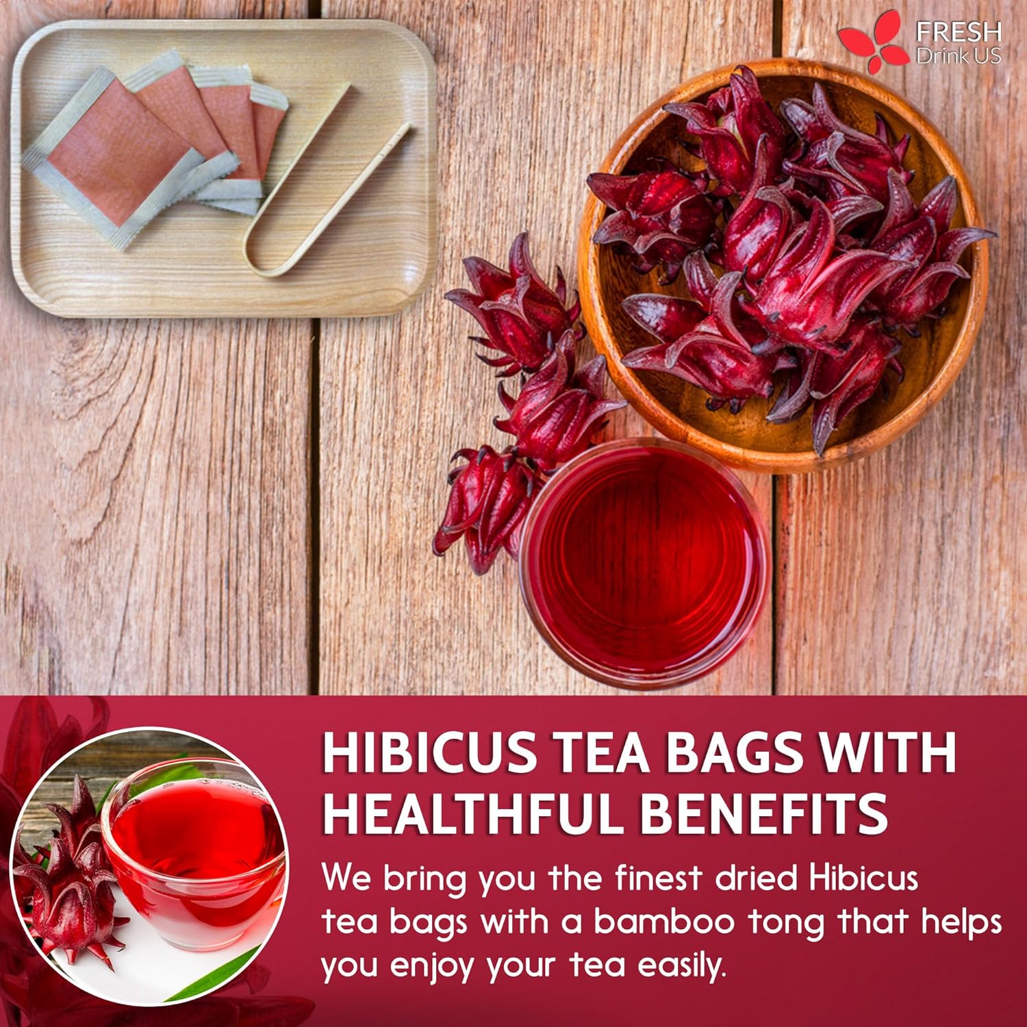 Hibiscus Dried Flowers, Tea Bags, 100% Natural, Pure from Hibiscus Flowers. Loose Flower Hibiscus Herbal Tea. Hibiscus Flower Tea. No Sugar, No Caffeine, No Gluten, Vegan. by FreshDrinkUS - Natural and Premium Herbal Tea