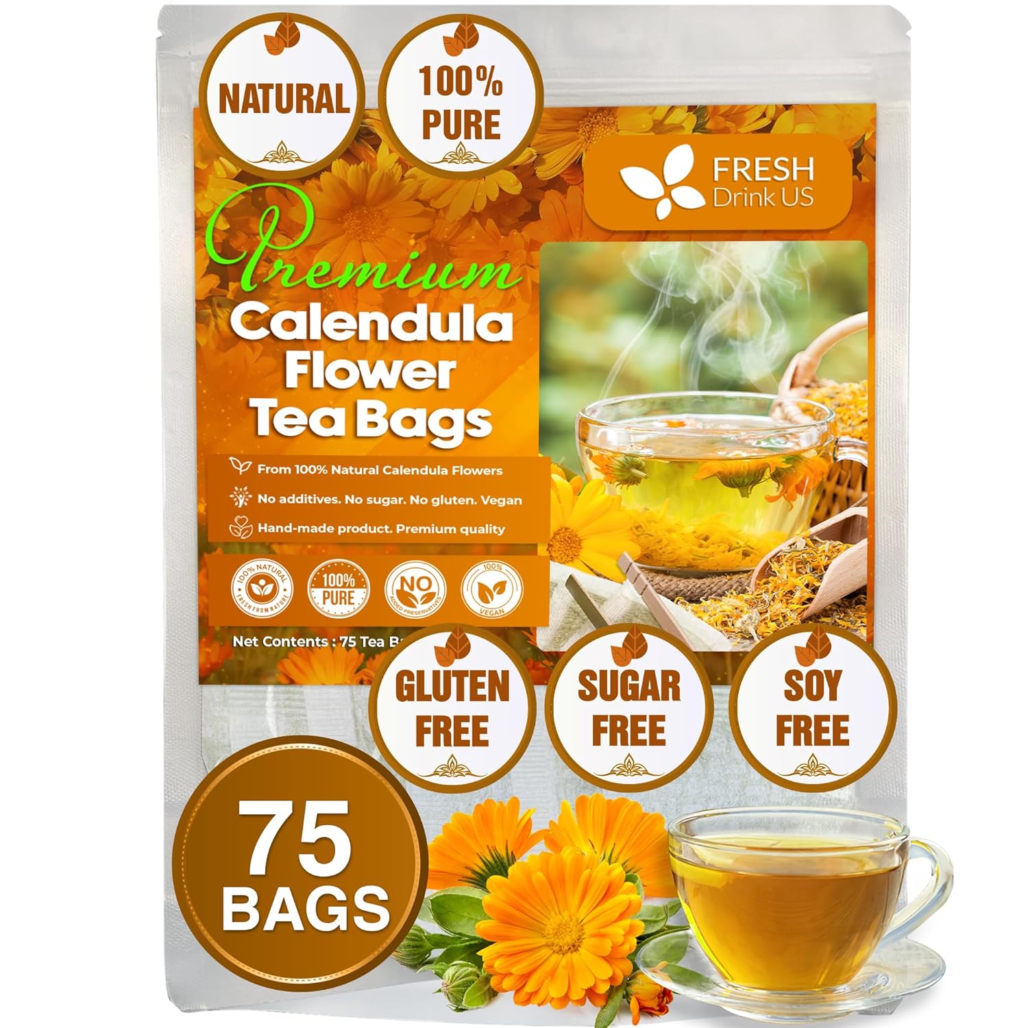 Calendula Tea Bags, 100% Natural and Pure Calendula Flowers, Eco-conscious Tea Bags. Calendula Flower Herbal Tea. No Sugar, No Caffeine, No Gluten, Vegan. by FreshDrinkUS - Natural and Premium Herbal Tea