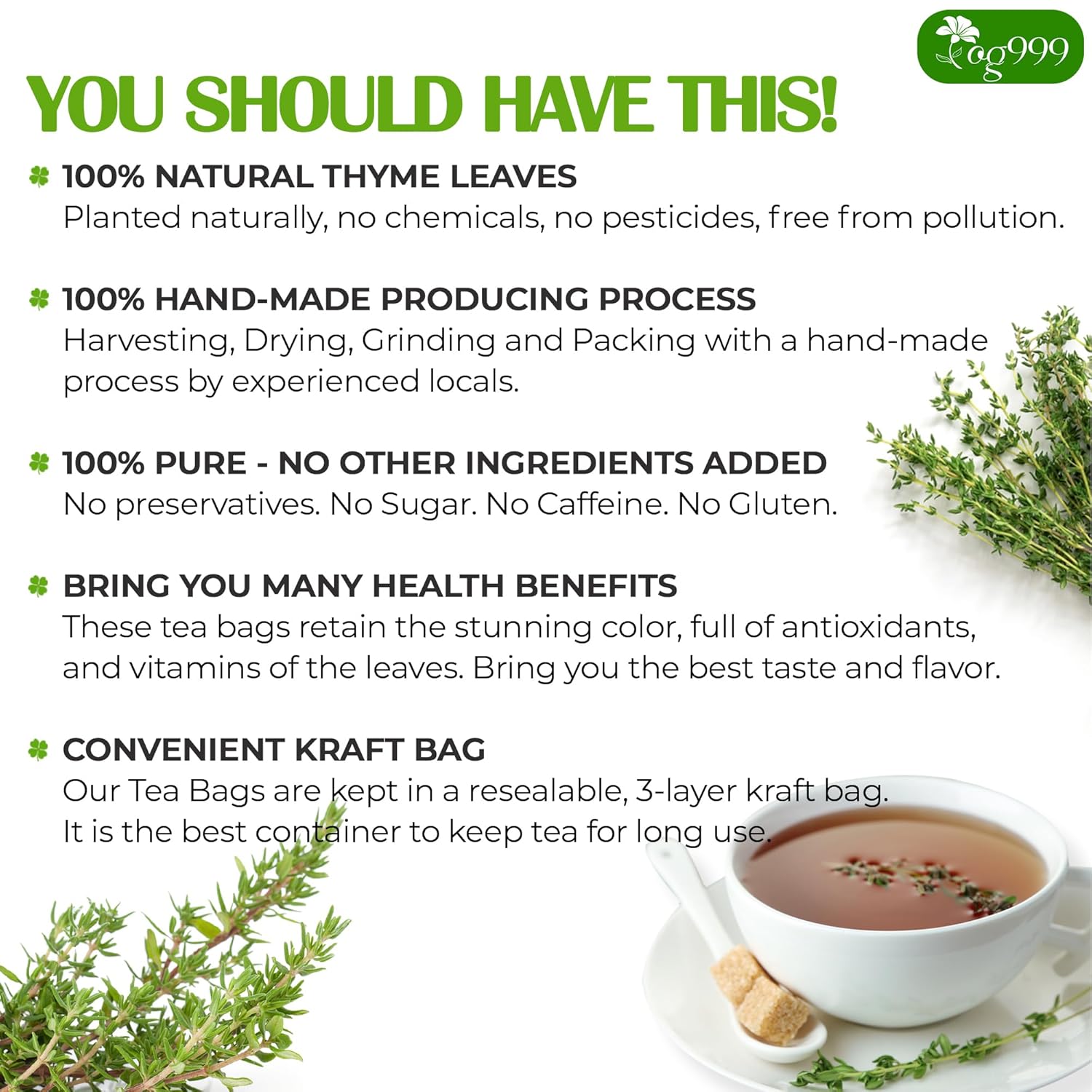 Premium 40 Thyme Leaf Tea Bags, 100% Natural & Pure, Loose Leaf Herbal Tea. by FreshDrinkUS - Natural and Premium Herbal Tea