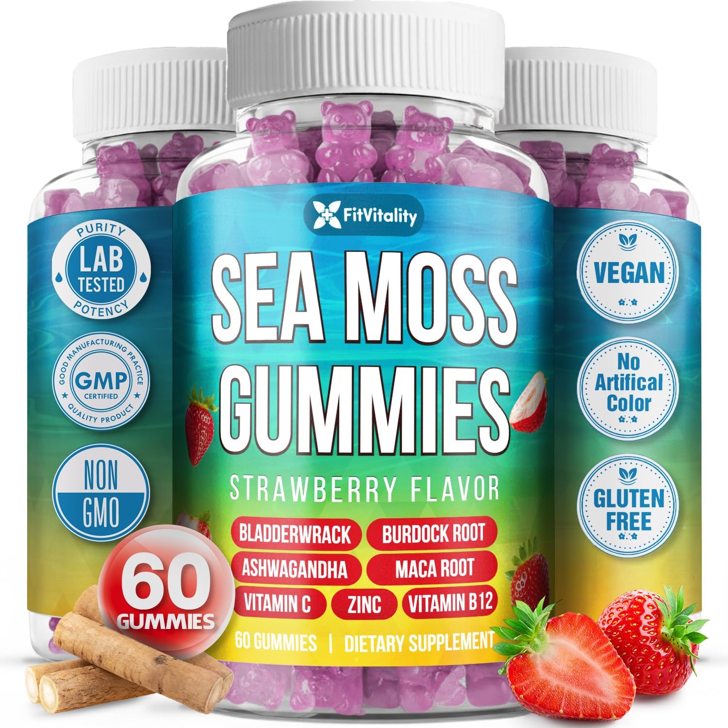 Sea Moss Gummies | Strawberry Flavor Vegan Gummies | Extra Rich 9-in-1 Formulation with Irish Sea Moss, Elderberry, Bladderwrack, Burdock, Ashwagandha, Maca, Zinc, B12 | Energy & Immune Support by FreshDrinkUS - Natural and Premium Herbal Tea