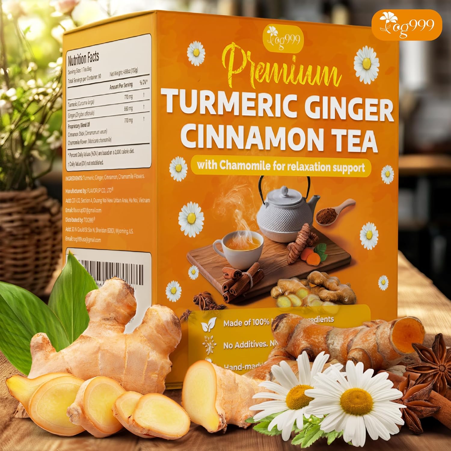 Premium Turmeric, Ginger, Cinnamon & Chamomile Flowers Tea | Improve Digestion, Support Brain, Weight, Skin and Sleep, Eco-Conscious Tea Bags by FreshDrinkUS - Natural and Premium Herbal Tea
