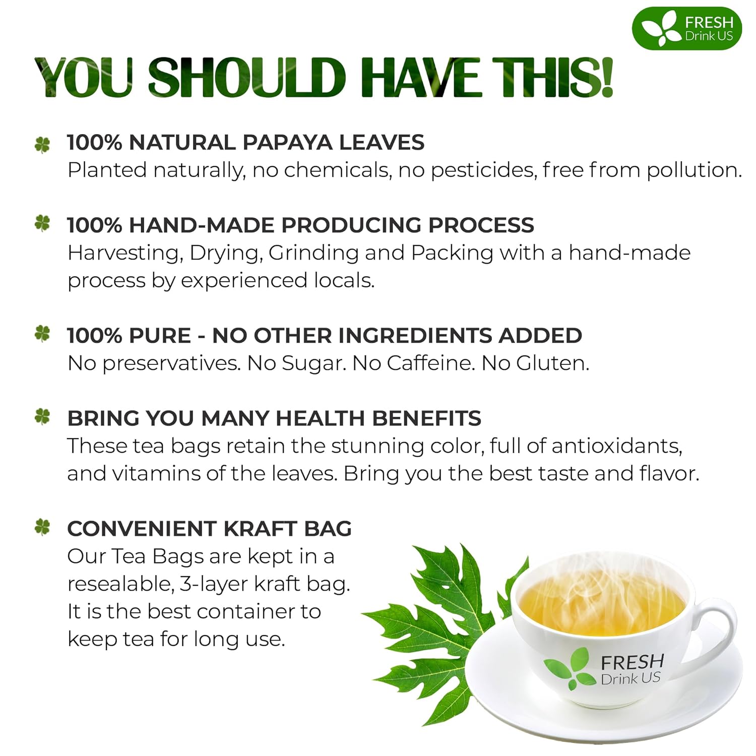 Premium Papaya Leaf Tea Bags, Made with Natural Material Tea Bags. No Sugar, No Caffeine, No Gluten, Vegan. by FreshDrinkUS - Natural and Premium Herbal Tea