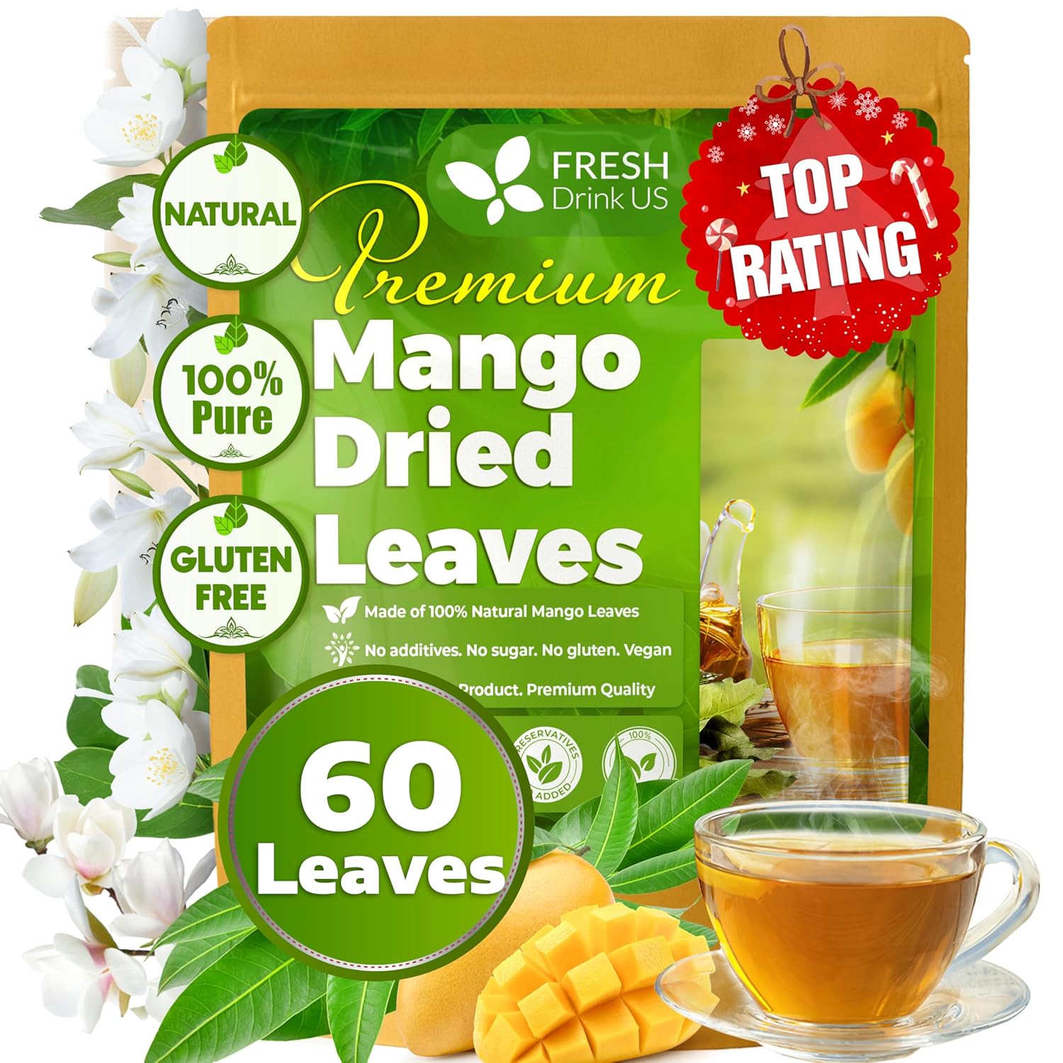 Mango Leaf, Whole Dried Leaves, Tea Bags, Powder, 100% Natural & Pure from Mango Leaves. Mango Dried Leaves. Loose Leaf Mango Herbal Tea. Mango Leaf Tea. No Sugar, No Caffeine, No Gluten, Vegan. by FreshDrinkUS - Natural and Premium Herbal Tea
