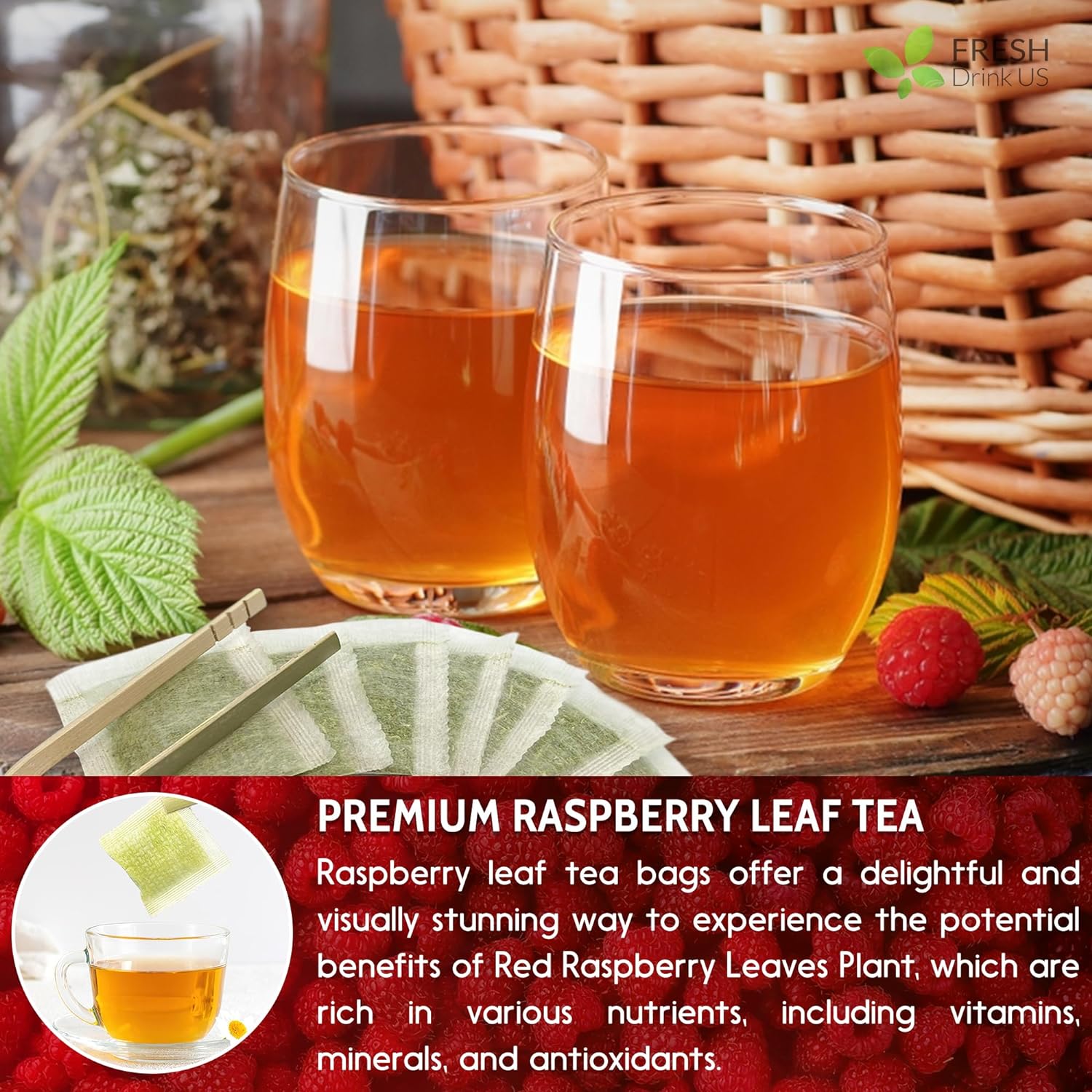 Raspberry Leaf Tea Bags, 100% Natural & Pure from Raspberry Leaves. Loose Leaf Raspberry Herbal Tea, Made with Natural Material Tea Bags, Raspberry Leaf Tea. No Sugar, No Caffeine, No Gluten, Vegan. by FreshDrinkUS - Natural and Premium Herbal Tea