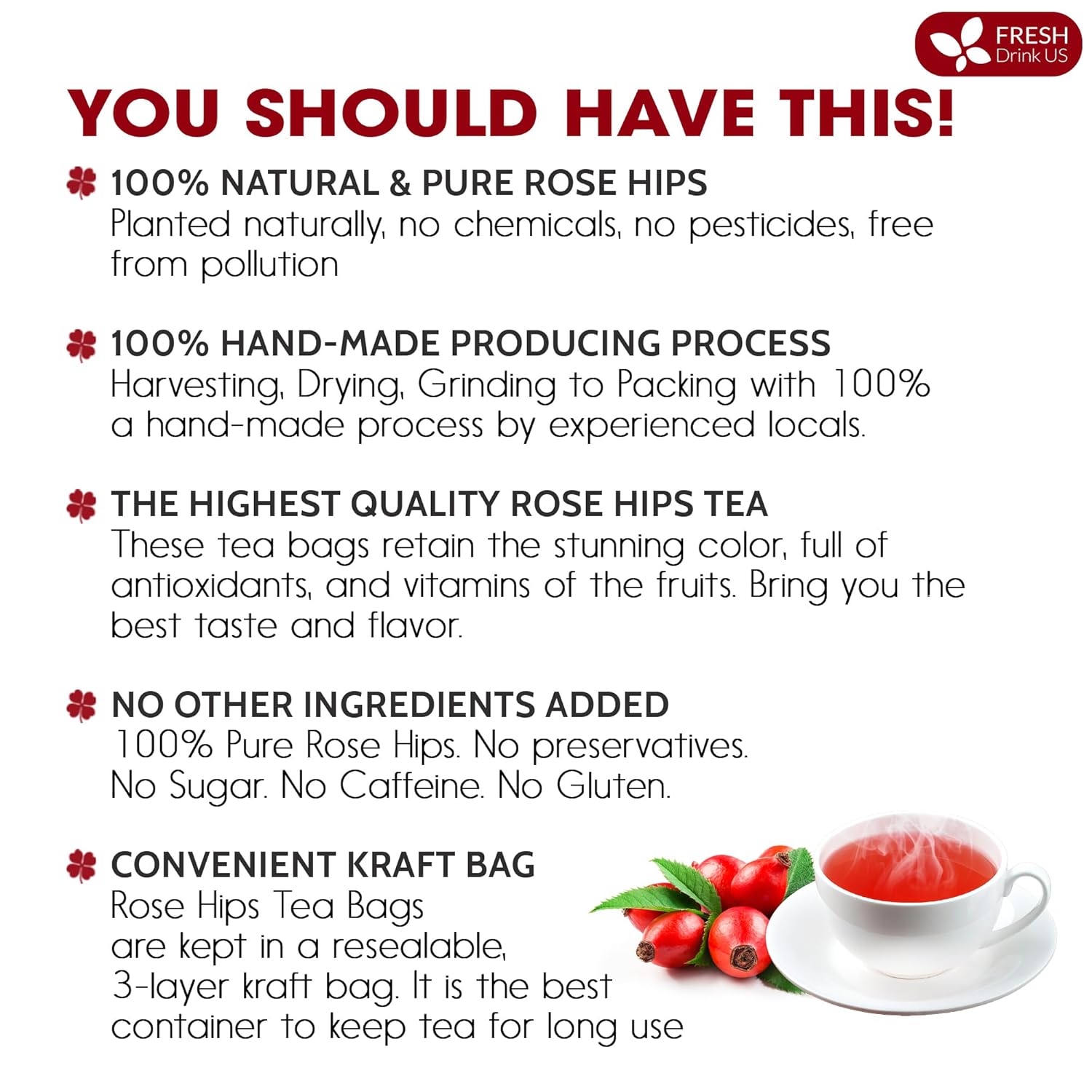 Premium Rosehip Tea Bags, 100% Natural & Pure from Rose Hip Fruits. by FreshDrinkUS - Natural and Premium Herbal Tea