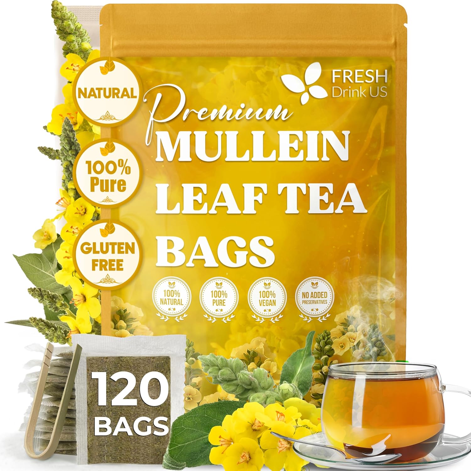 Mullein Leaf Tea Bags, 100% Natural & Pure from Mullein Leaves. Loose Leaf Mullein Herbal Tea. Made with Natural Material Tea Bags. No Sugar, No Caffeine, No Gluten, Vegan. by FreshDrinkUS - Natural and Premium Herbal Tea
