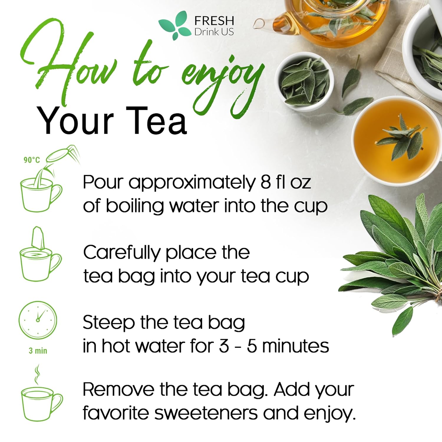 Sage Leaf Tea Bags, 100% Natural & Pure from Sage Leaves. Loose Leaf Sage Herbal Tea. Sage Leaf Tea. Made with Natural Material Tea Bags. No Sugar, No Caffeine, No Gluten, Vegan. by FreshDrinkUS - Natural and Premium Herbal Tea