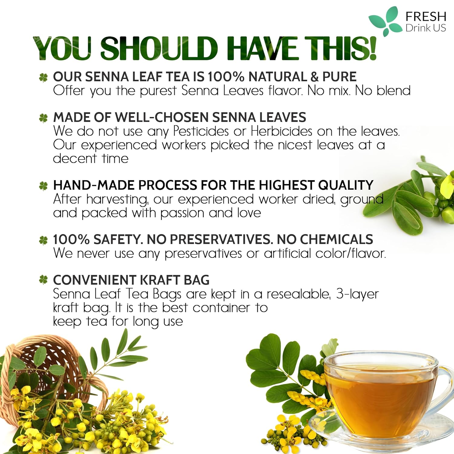Premium Senna Leaf Tea Bags, 100% Natural & Pure from Senna Leaves. Loose Leaf Senna Herbal Tea, Made with Natural Material Tea Bags, Senna Leaf Tea. No Sugar, No Caffeine, No Gluten, Vegan. by FreshDrinkUS - Natural and Premium Herbal Tea