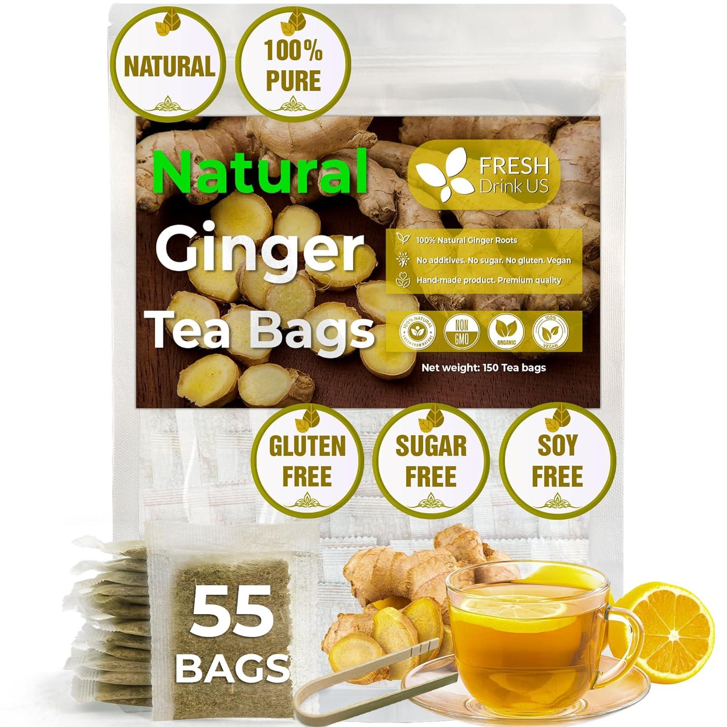 Premium Ginger Tea Bags, 100% Natural & Pure from Ginger Roots, Ginger Tea, Ginger Herbal Tea. Ginger Tea. No Sugar, No Caffeine, No Gluten, Vegan. by FreshDrinkUS - Natural and Premium Herbal Tea