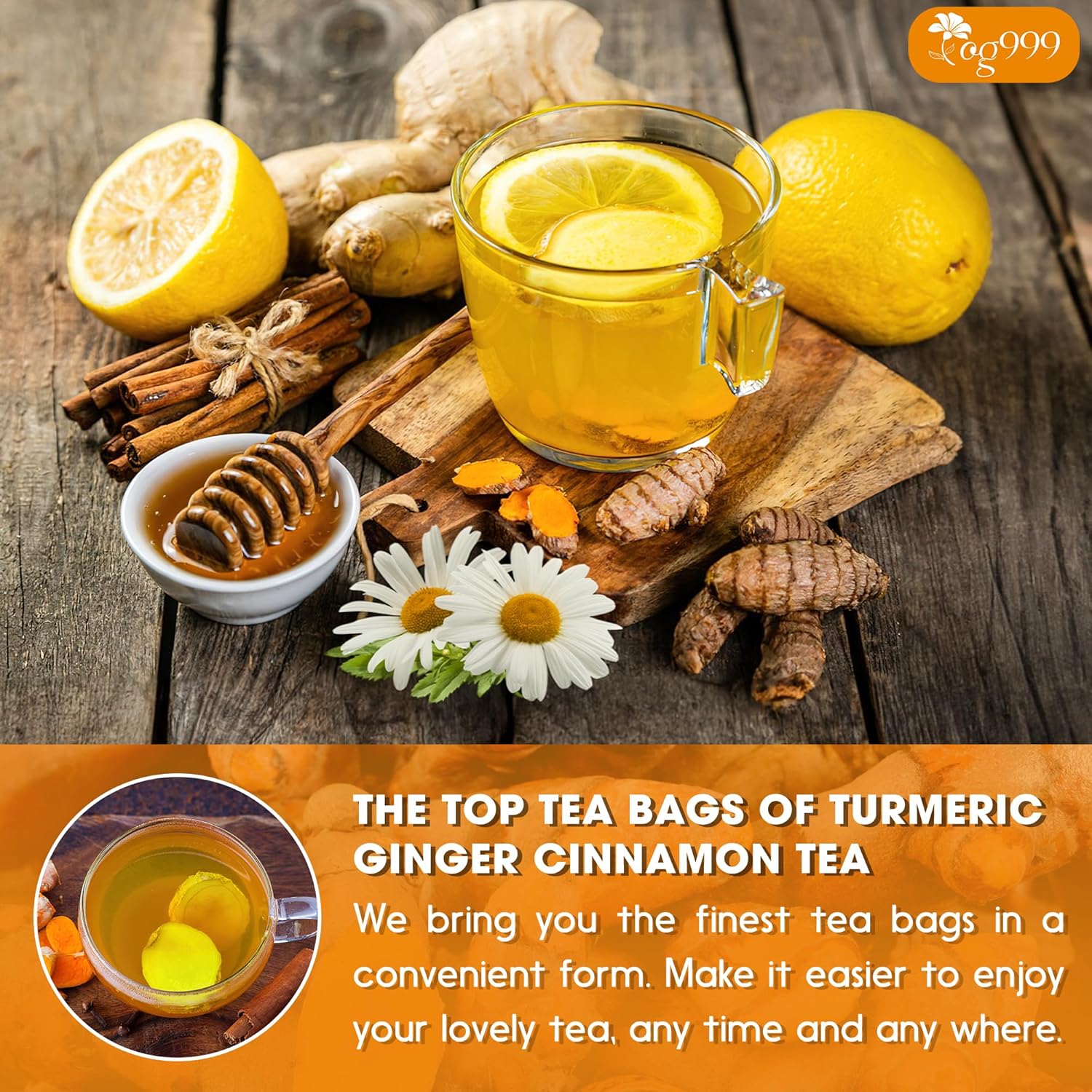 Premium Turmeric, Ginger, Cinnamon & Chamomile Flowers Tea | Improve Digestion, Support Brain, Weight, Skin and Sleep, Eco-Conscious Tea Bags by FreshDrinkUS - Natural and Premium Herbal Tea