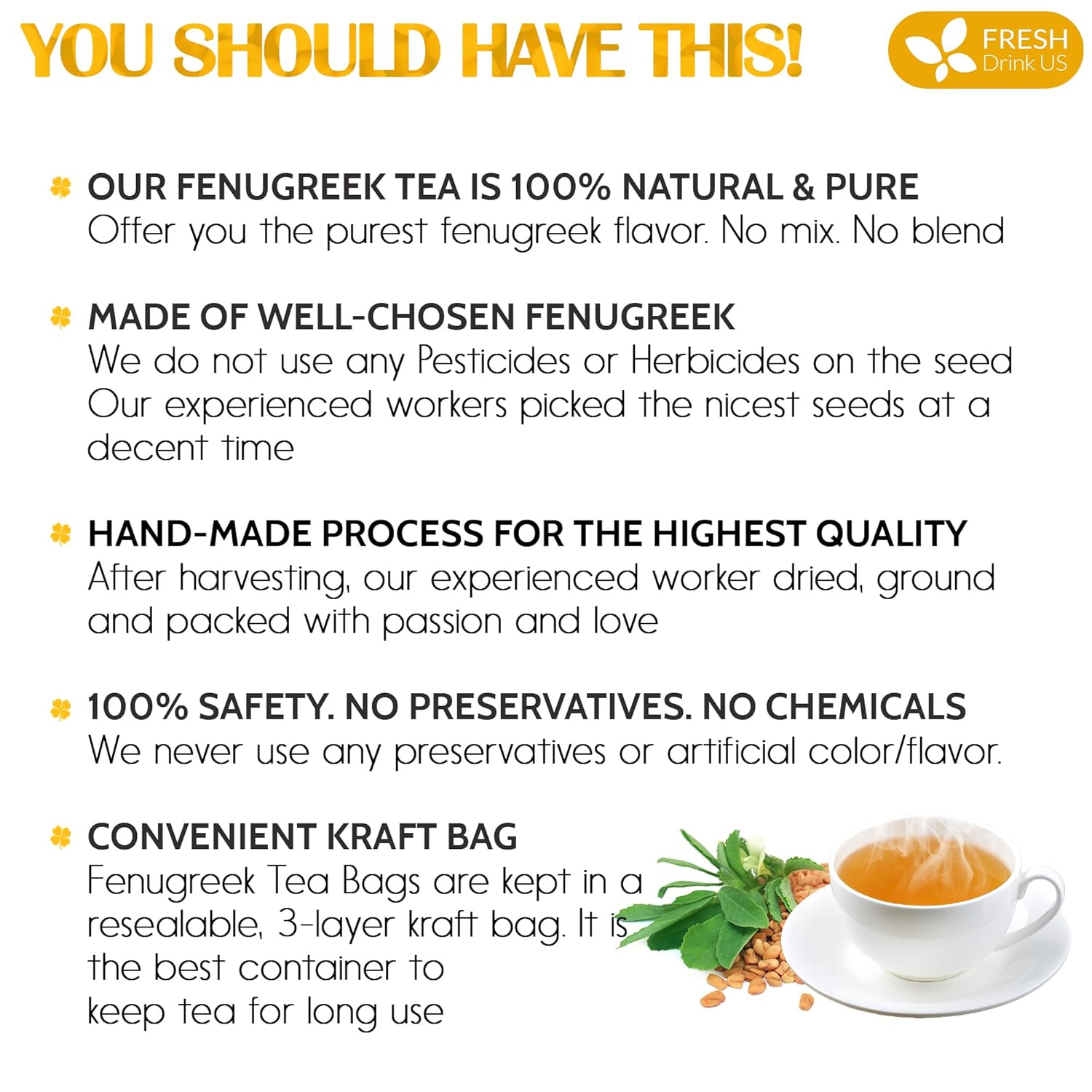 Premium Fenugreek Tea Bags. No Sugar, No Caffeine, No Gluten, Vegan. (30 Tea Bags) by FreshDrinkUS - Natural and Premium Herbal Tea