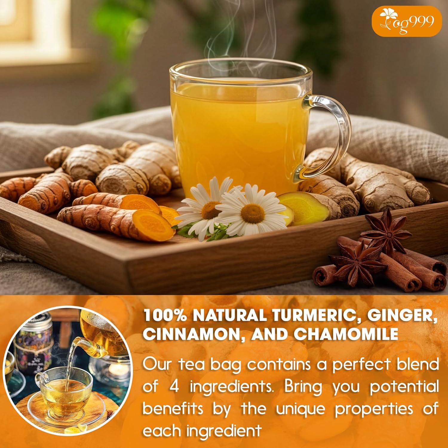 Premium Turmeric, Ginger, Cinnamon & Chamomile Flowers Tea | Improve Digestion, Support Brain, Weight, Skin and Sleep, Eco-Conscious Tea Bags by FreshDrinkUS - Natural and Premium Herbal Tea