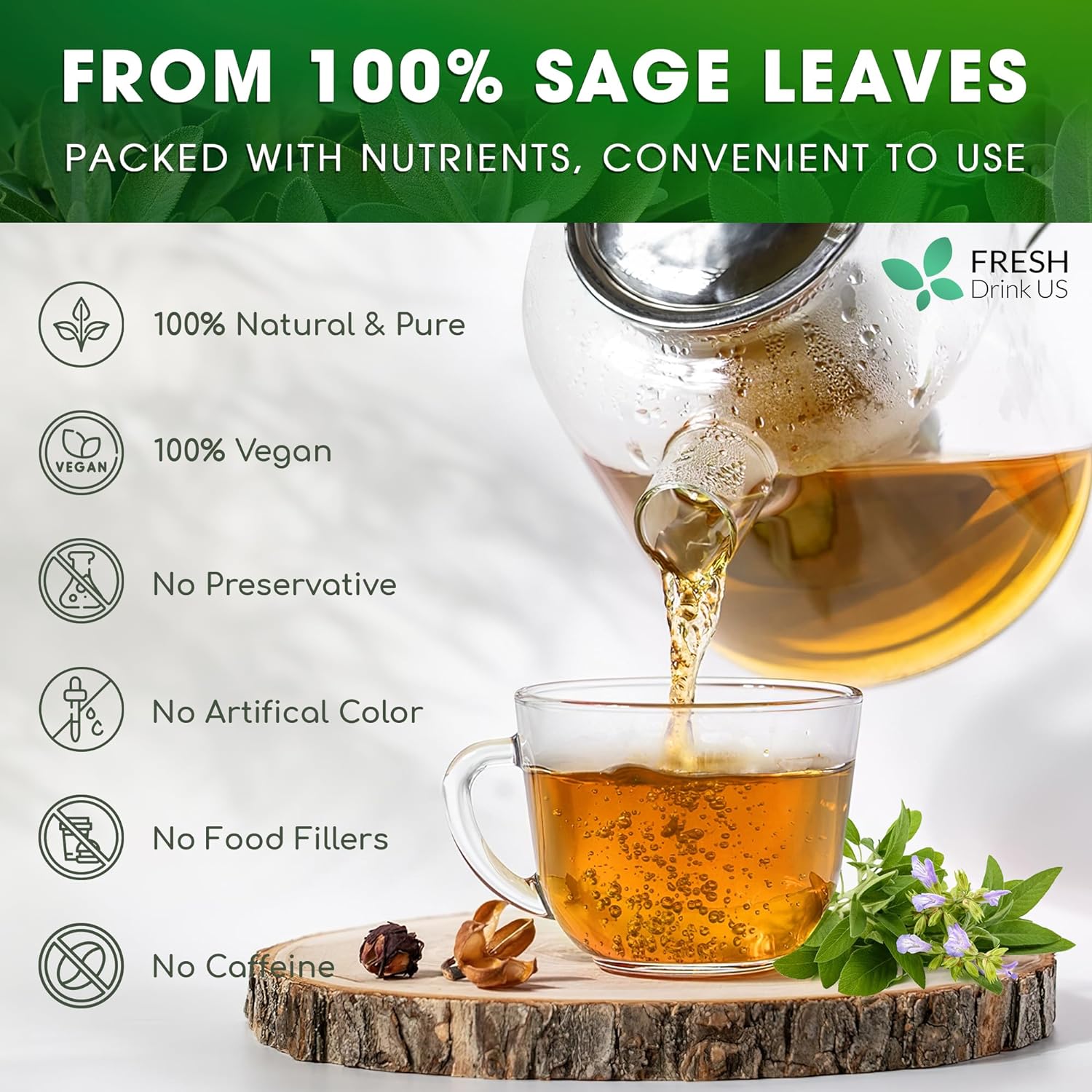 Sage Leaf Tea Bags, 100% Natural & Pure from Sage Leaves. Loose Leaf Sage Herbal Tea. Sage Leaf Tea. Made with Natural Material Tea Bags. No Sugar, No Caffeine, No Gluten, Vegan. by FreshDrinkUS - Natural and Premium Herbal Tea