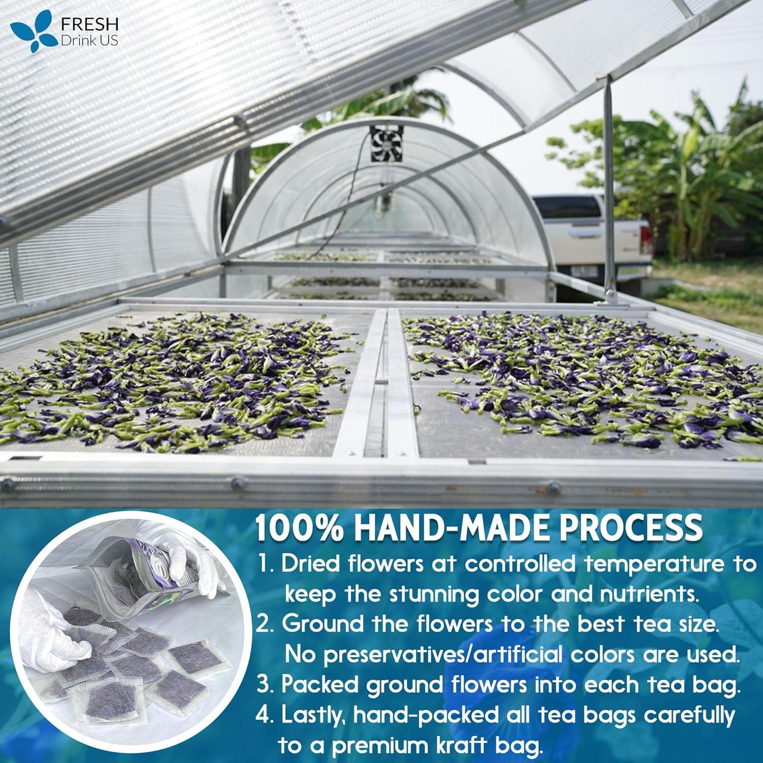 Premium Butterfly Pea Flowers, Tea Bags, 100% Natural and Pure from Butterfly Pea Flowers, Hand-made, Made With Natural Materials-Corn Fiber Tea Bag, Sugar/Caffeine/Gluten Free by FreshDrinkUS - Natural and Premium Herbal Tea
