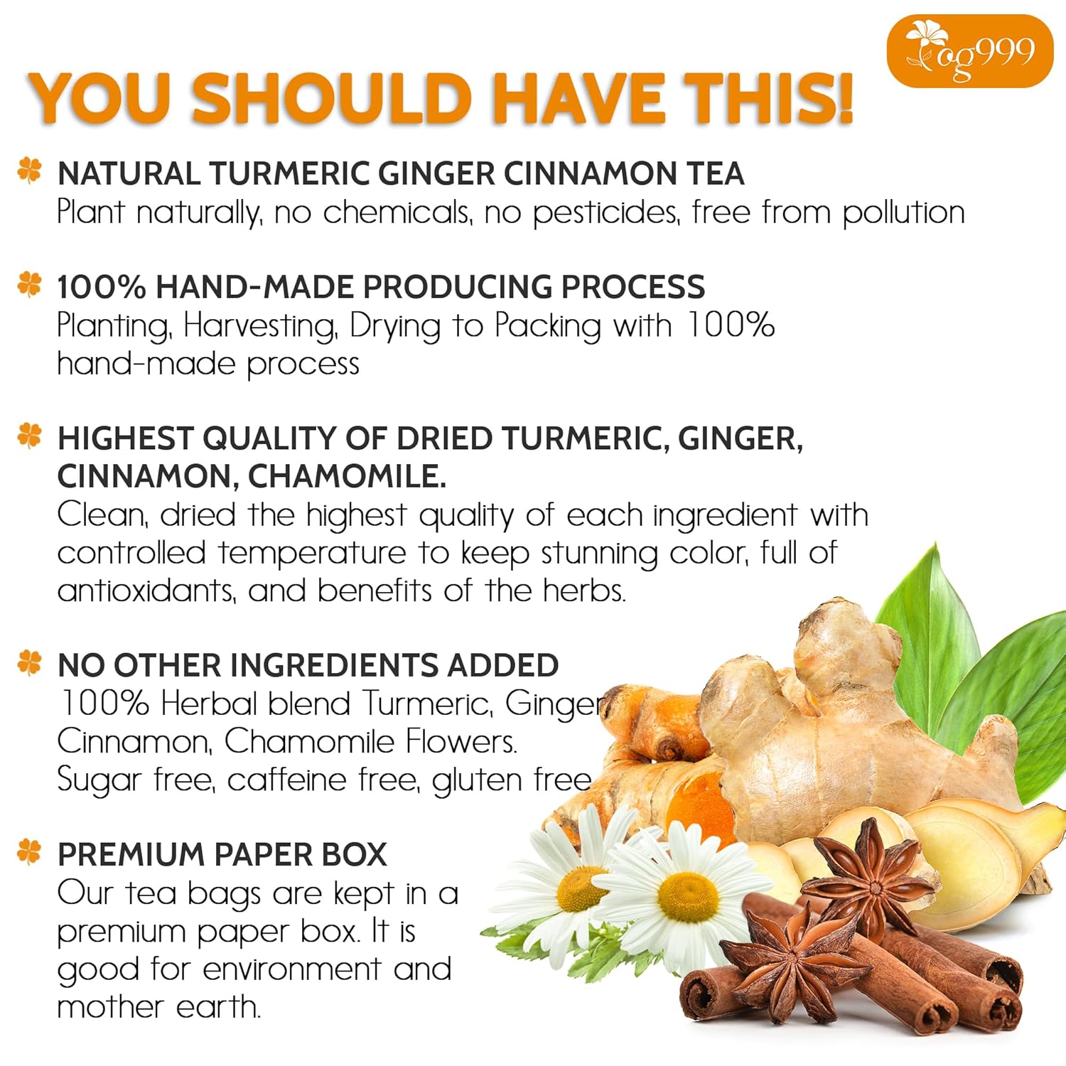 Premium Turmeric, Ginger, Cinnamon & Chamomile Flowers Tea | Improve Digestion, Support Brain, Weight, Skin and Sleep, Eco-Conscious Tea Bags by FreshDrinkUS - Natural and Premium Herbal Tea