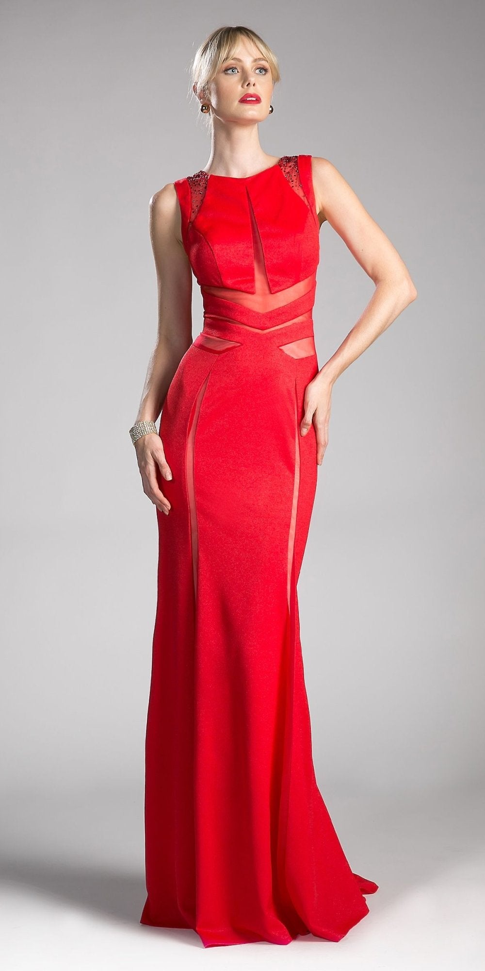 Cinderella Divine 84792 Sleeveless Sheer Cut Out Gown Beaded by DiscountDressShop
