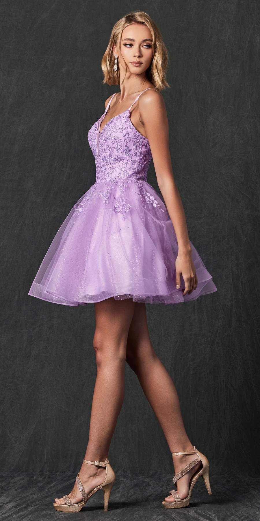 Juliet 859 Short Floral Applique Glitter Tulle A-Line Dress by DiscountDressShop
