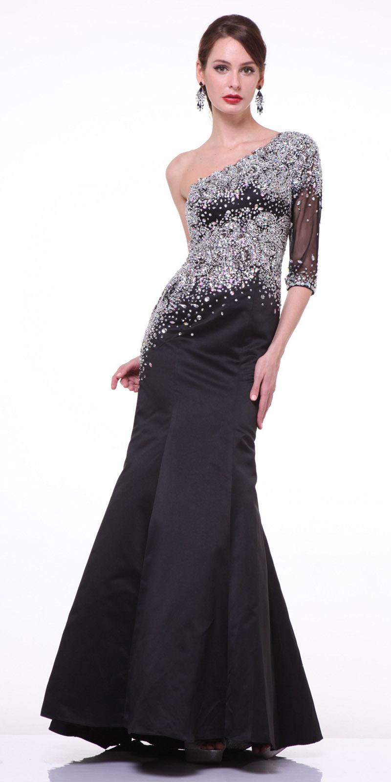 Cinderella Divine 8789 Mermaid Dress One Shoulder Sleeve Embellished Sheer Bodice by DiscountDressShop