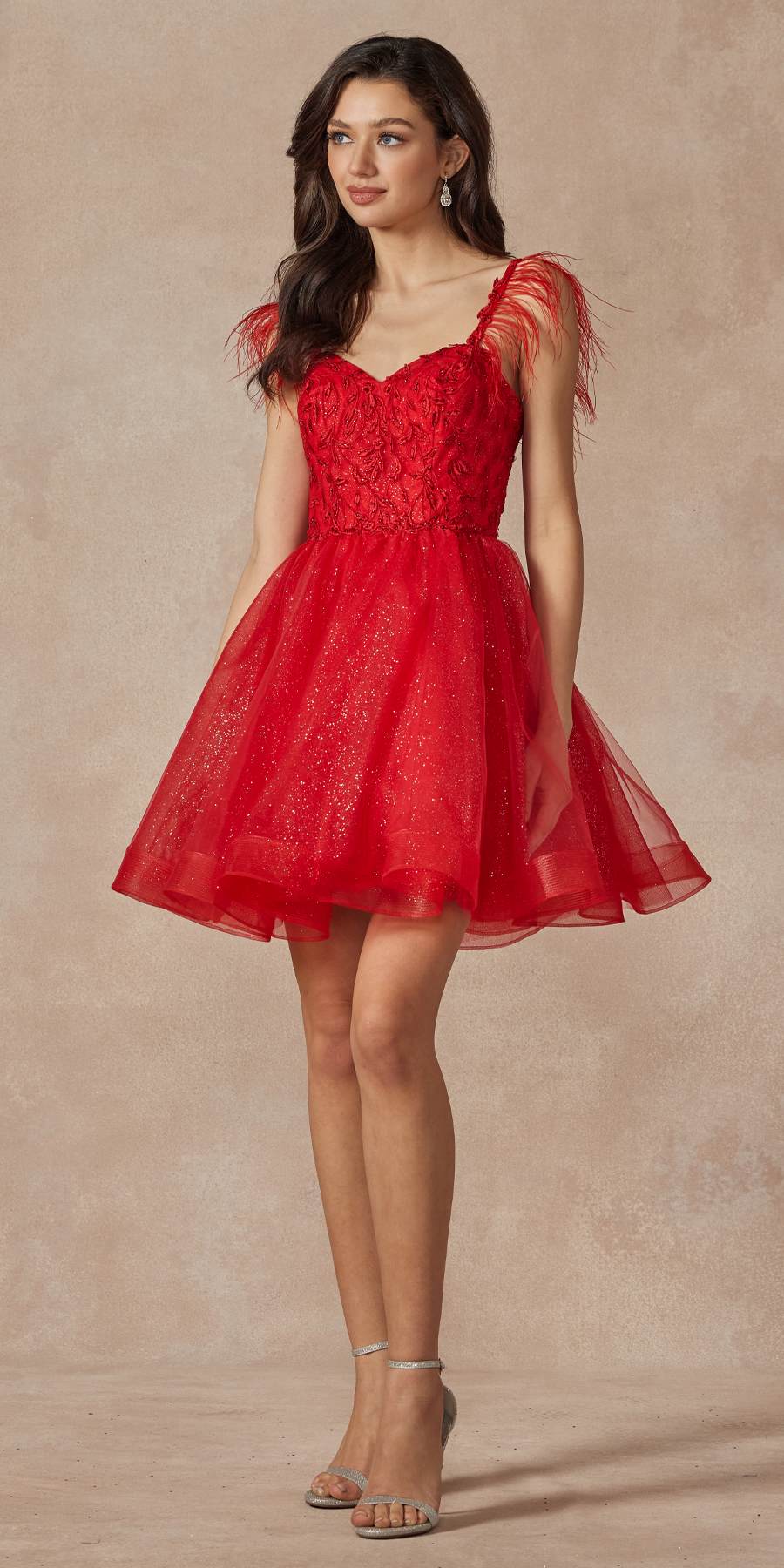Juliet 881 Feather Straps Sheer Bodice Short A-line Tulle Dress by DiscountDressShop