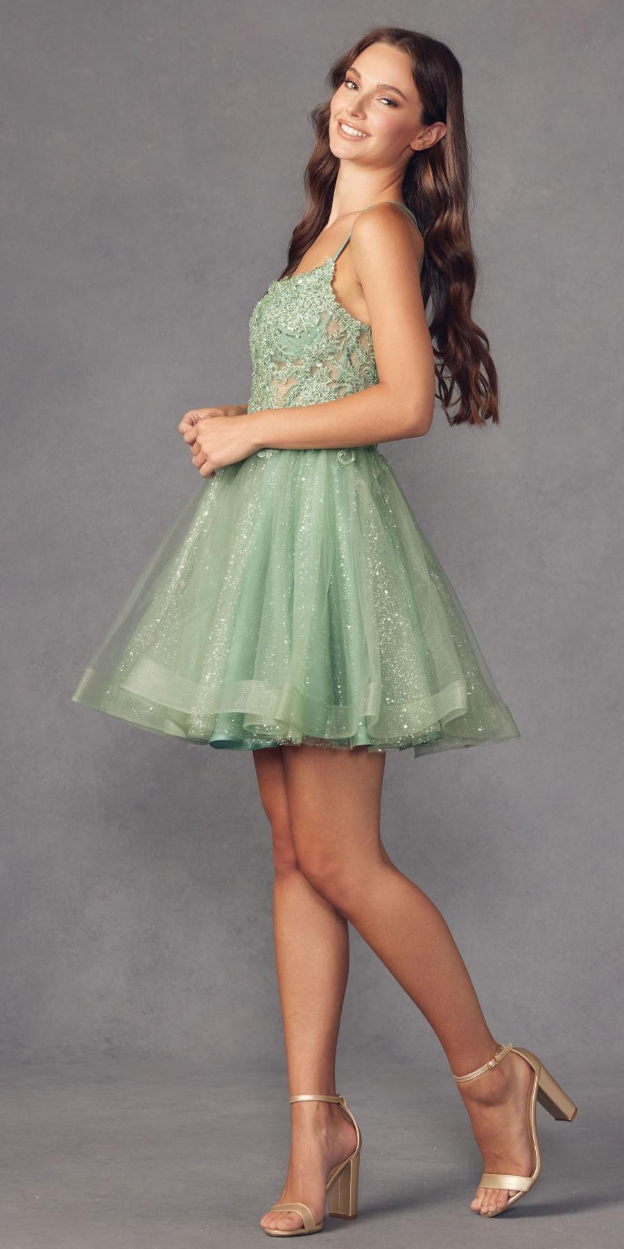 Juliet 883 Short A-Line Glitter Tulle Skirt Square Neck Thin Strap Dress by DiscountDressShop