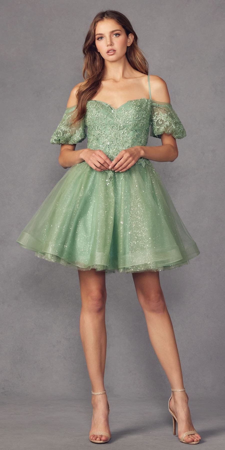Juliet 886 Short Removable Off Shoulder Puff Sleeves A-Line Tulle Dress by DiscountDressShop