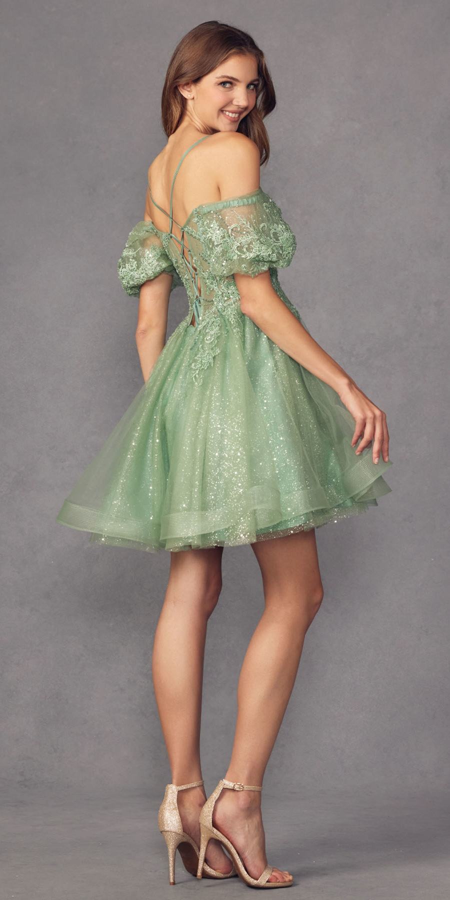 Juliet 886 Short Removable Off Shoulder Puff Sleeves A-Line Tulle Dress by DiscountDressShop