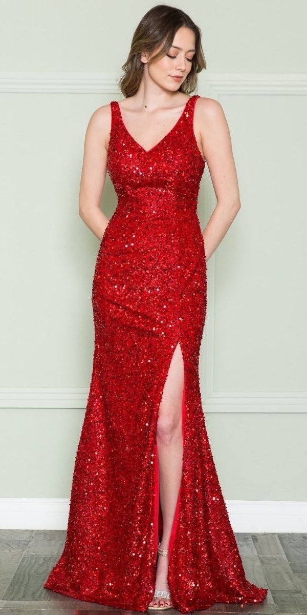 CLEARANCE - Poly USA | Ed Young 8872 V-Neck Floor Length Open Slit Sequin Dress (Size S) by DiscountDressShop
