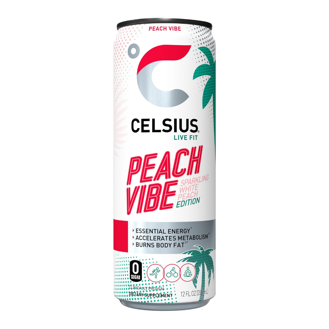 Celsius Live Fit Peach Vibe White Peach Sparkling Energy Drink (12oz) by Farmacias Savia