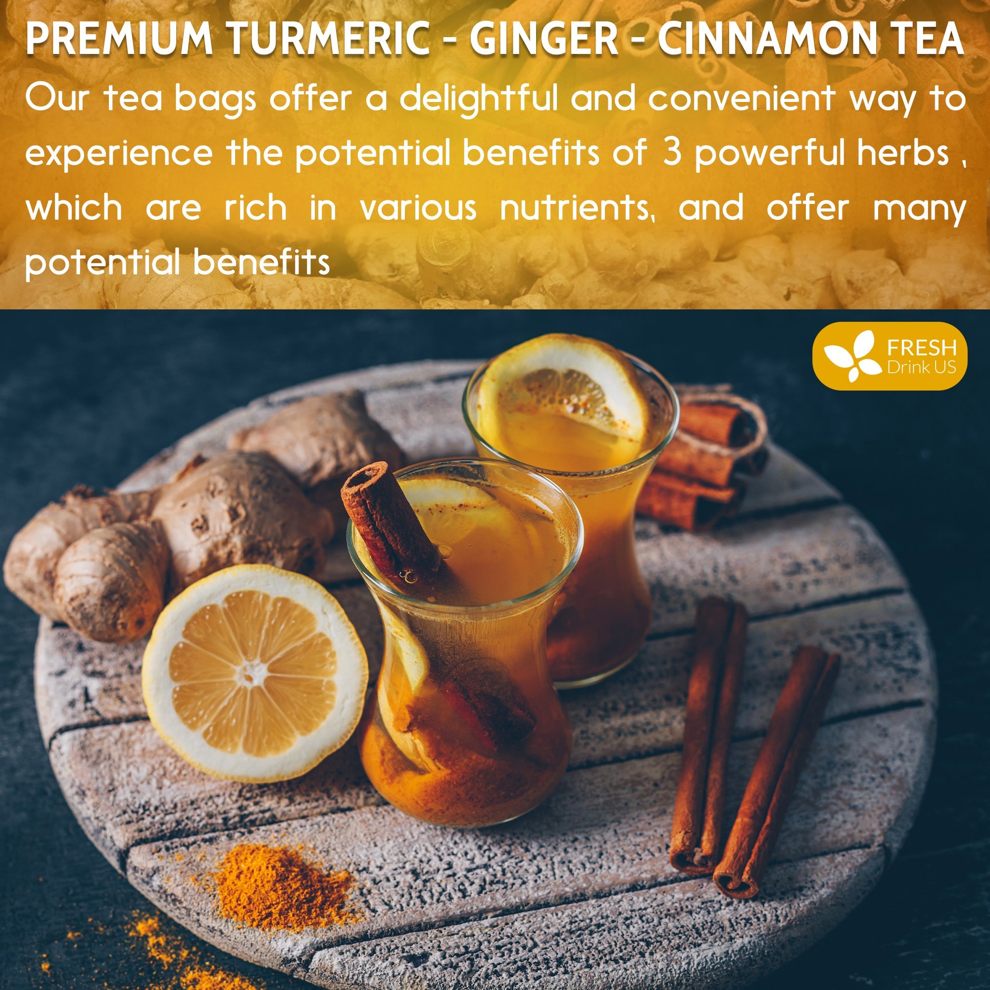Turmeric, Ginger, Cinnamon Tea, Tea Bags, 100% Natural, Hand-made Blend of Turmeric, Ginger, and Cinnamon. Eco-conscious Tea Bags. Turmeric Ginger Herbal Tea. No Sugar, No Caffeine, No Gluten, Vegan. by FreshDrinkUS - Natural and Premium Herbal Tea