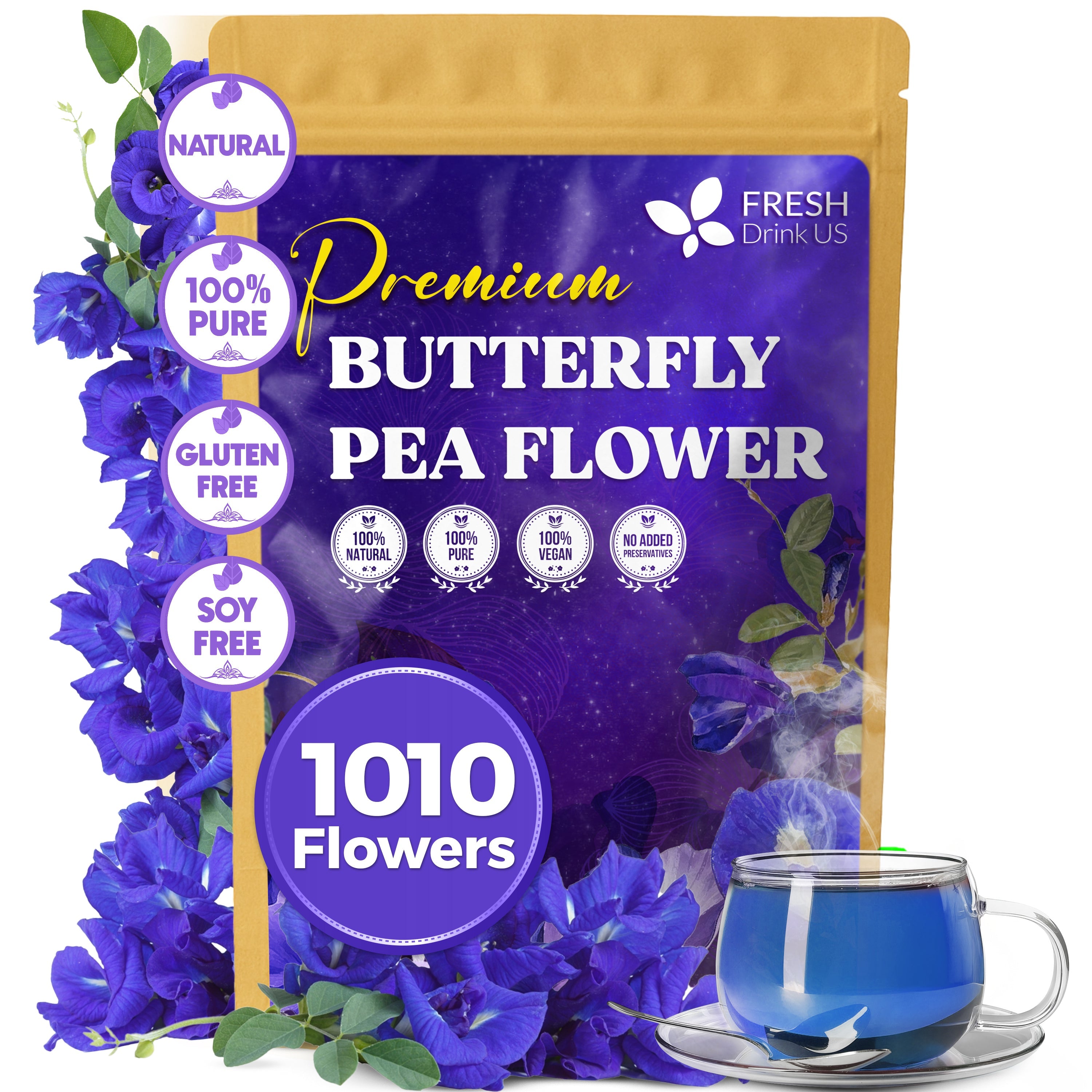 Premium Butterfly Pea Flowers, Tea Bags, 100% Natural and Pure from Butterfly Pea Flowers, Hand-made, Made With Natural Materials-Corn Fiber Tea Bag, Sugar/Caffeine/Gluten Free by FreshDrinkUS - Natural and Premium Herbal Tea