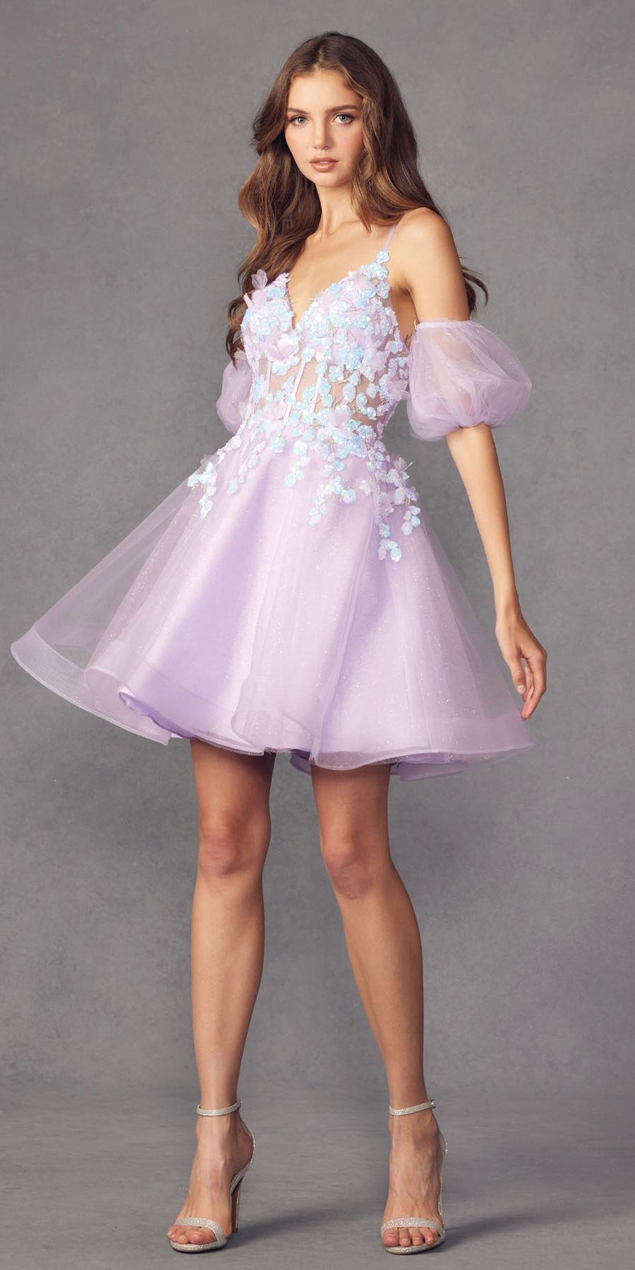 Juliet 901 Short Removable Puff Sleeves A-Line Glitter Tulle Dress by DiscountDressShop