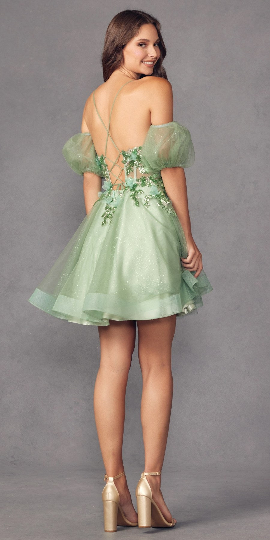 Juliet 901 Short Removable Puff Sleeves A-Line Glitter Tulle Dress by DiscountDressShop